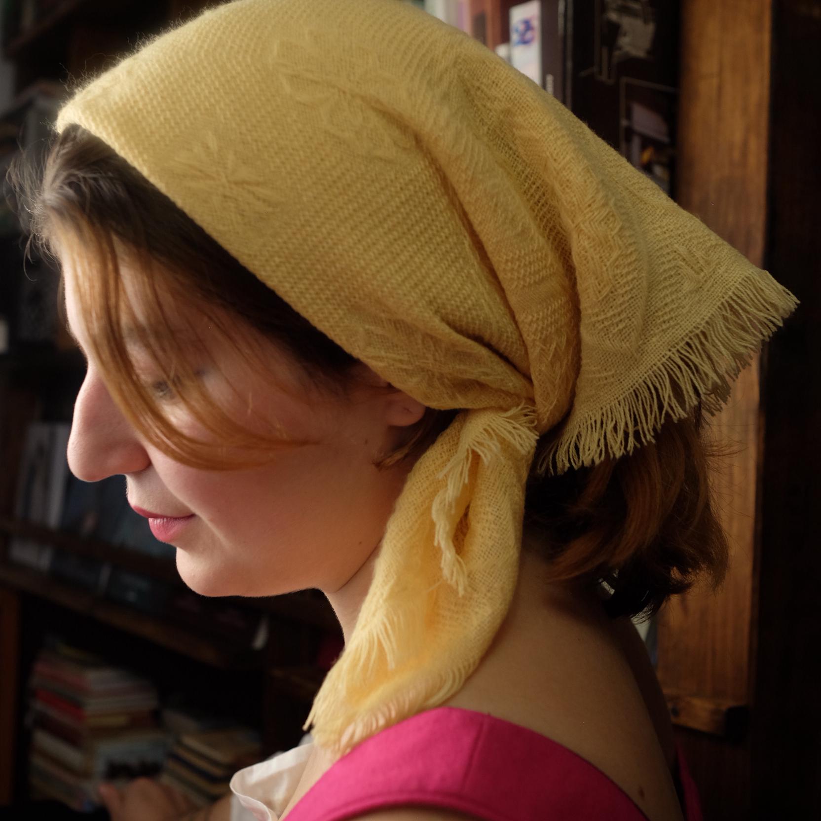 Antique Wool Slavic Folk Yellow Headscarf with Floral Embroidery - Image 5