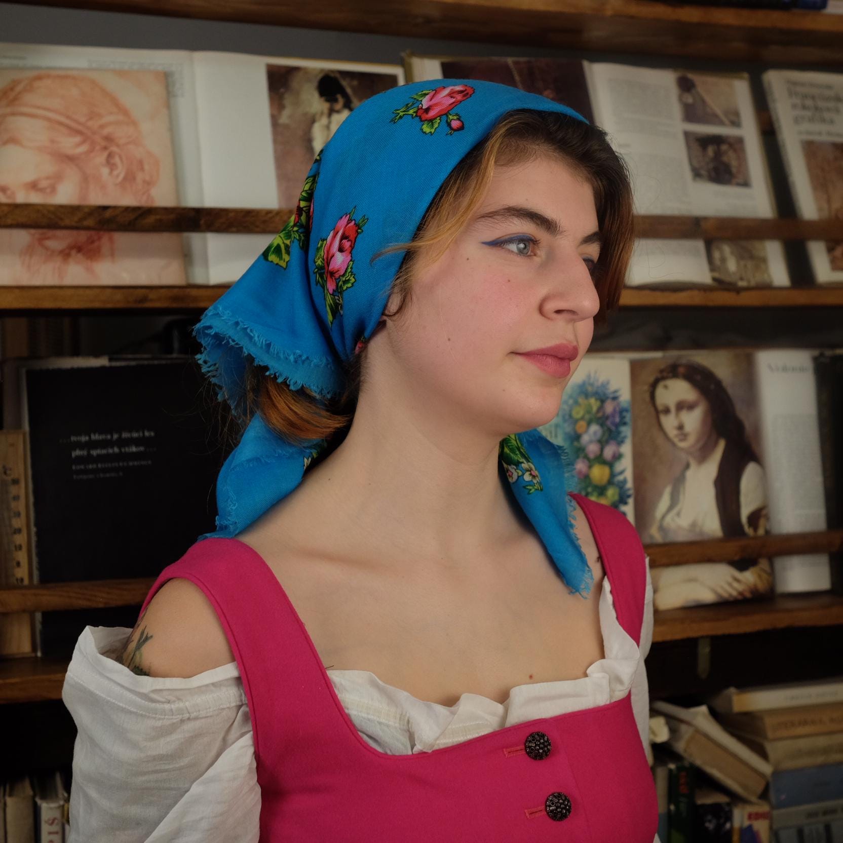 Antique Blue Slavic Folk Headscarf with Pink Floral Pattern - Image 2