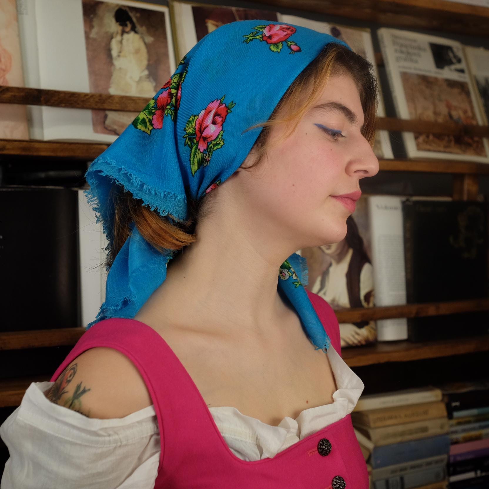 Antique Blue Slavic Folk Headscarf with Pink Floral Pattern - Image 5