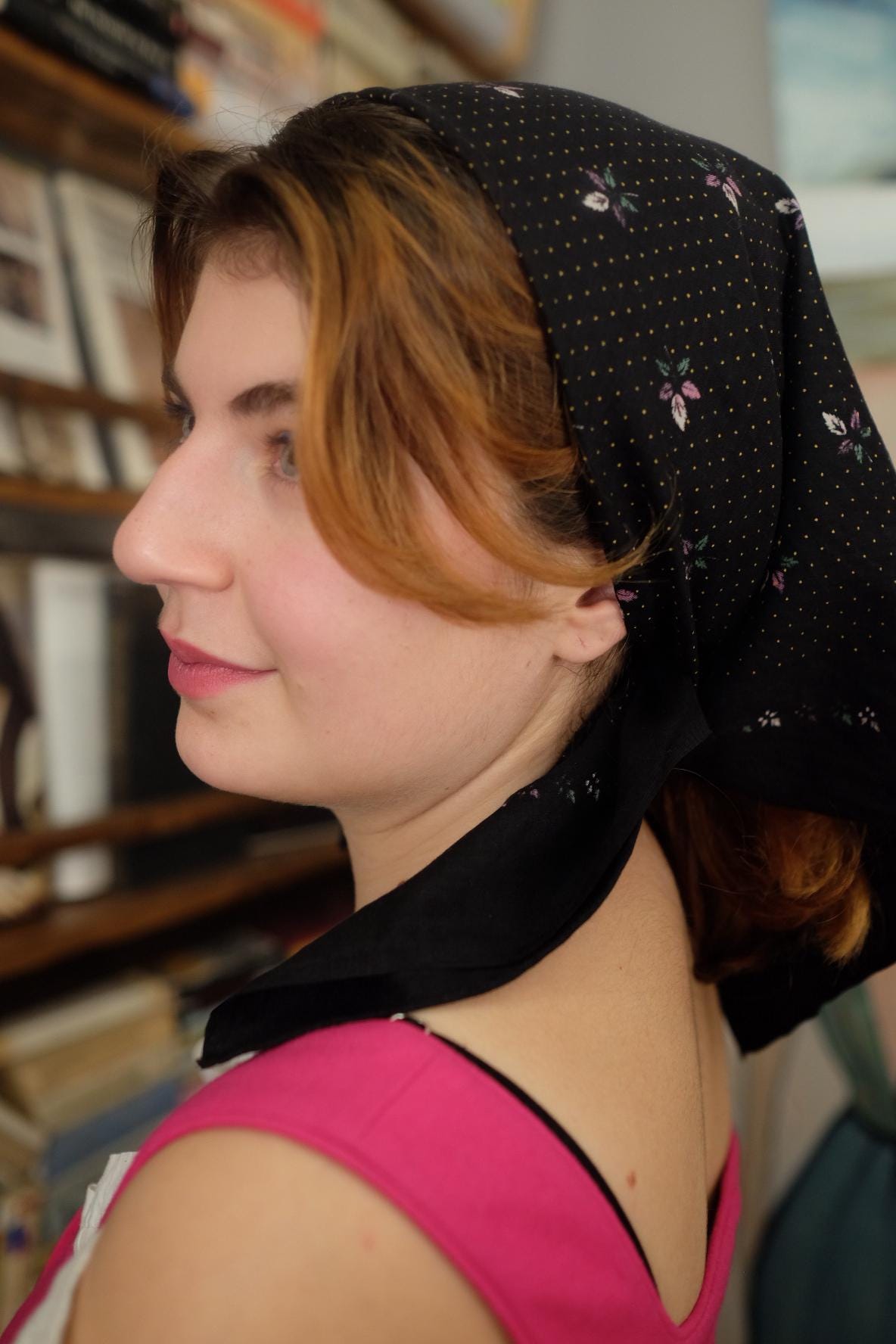 Vintage Black Headscarf with Dots and Leaf Details - Image 2