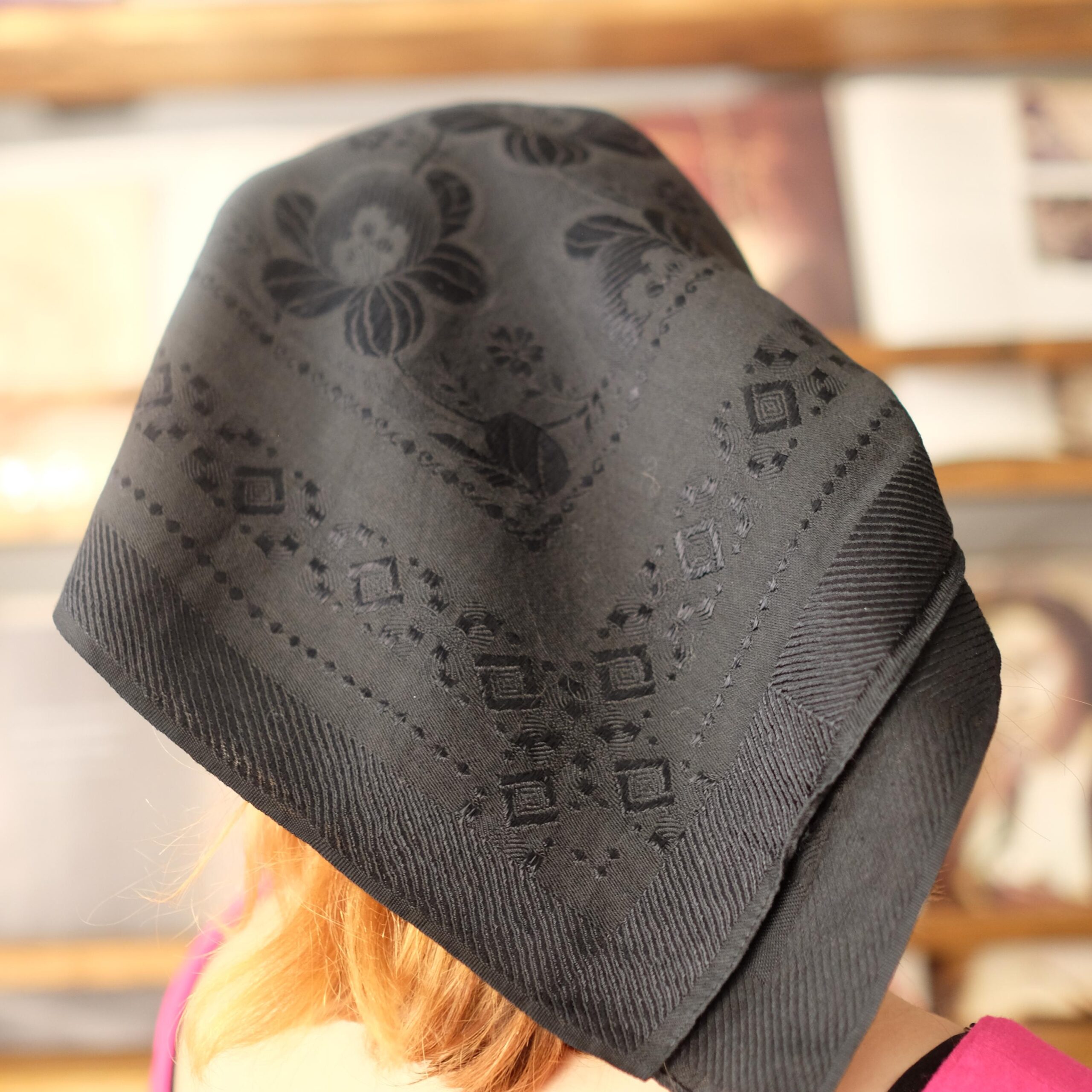 Antique Vintage Slavic Folk Black Headscarf with Floral Pattern