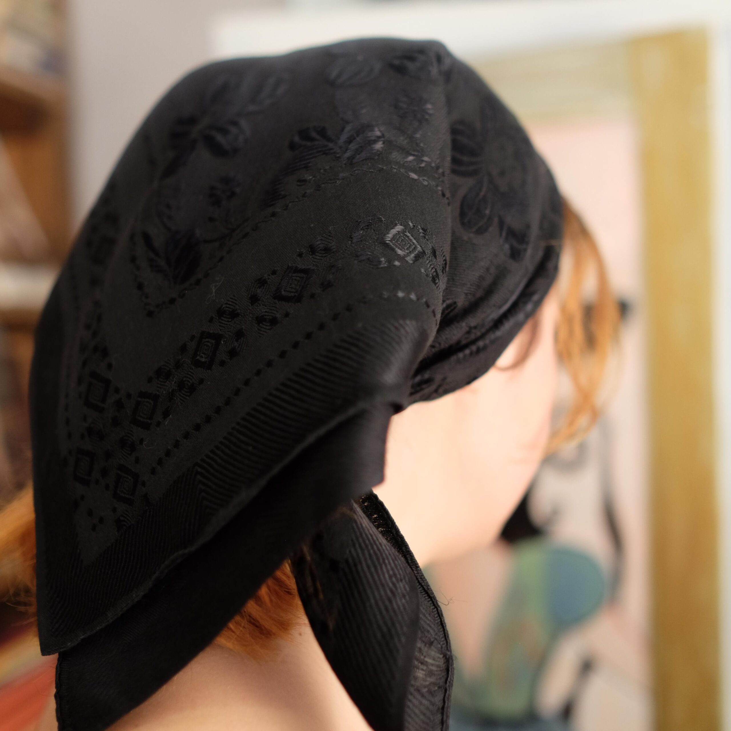 Antique Vintage Slavic Folk Black Headscarf with Floral Pattern - Image 8