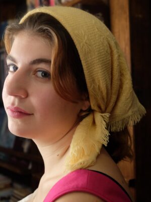 Antique Wool Slavic Folk Yellow Headscarf with Floral Embroidery