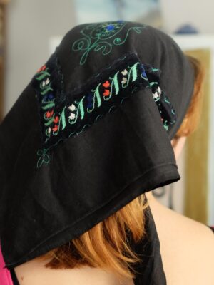Antique Slavic Folk Festive Black Headscarf with Colorful Embroidery