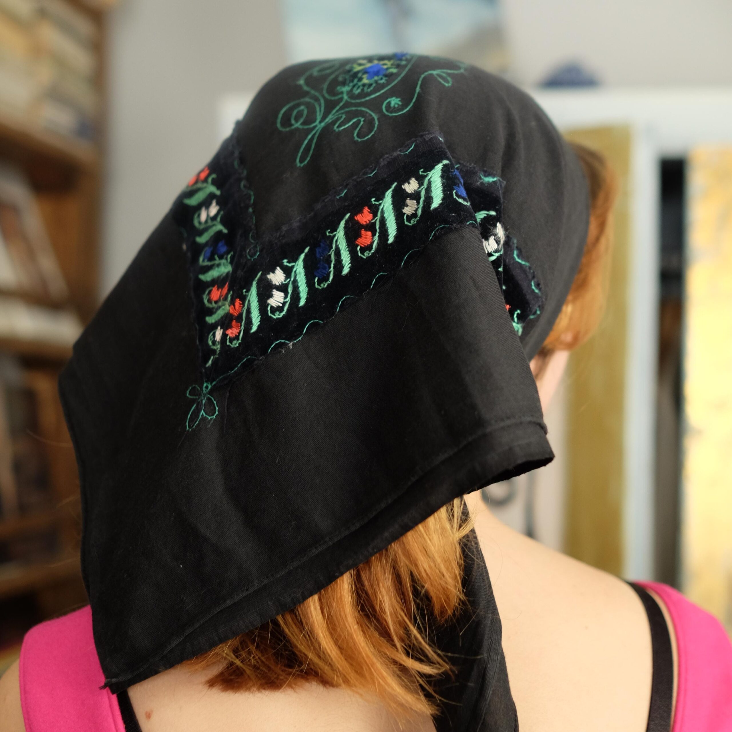 Antique Slavic Folk Festive Black Headscarf with Colorful Embroidery
