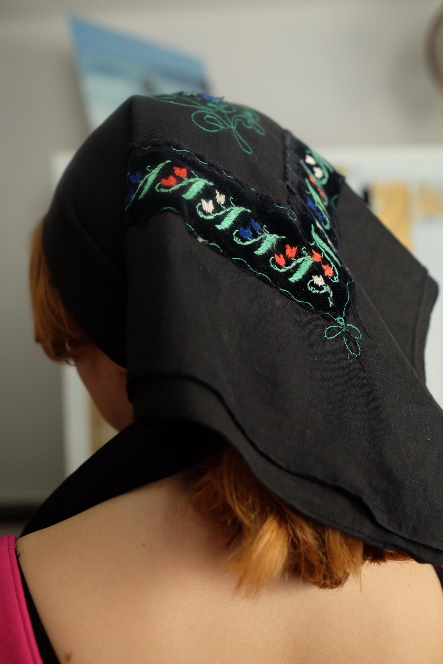 Antique Slavic Folk Festive Black Headscarf with Colorful Embroidery - Image 8