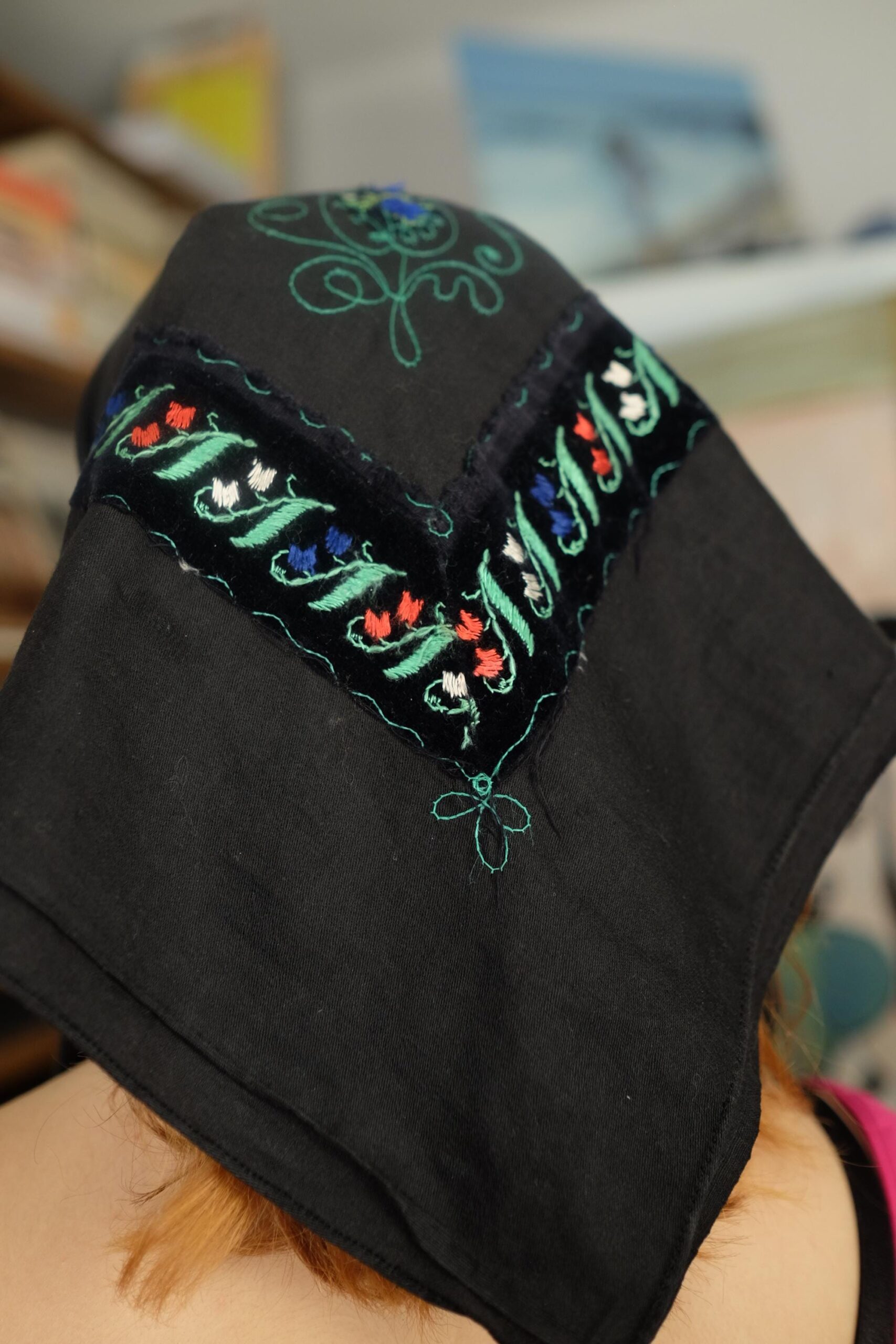 Antique Slavic Folk Festive Black Headscarf with Colorful Embroidery - Image 3