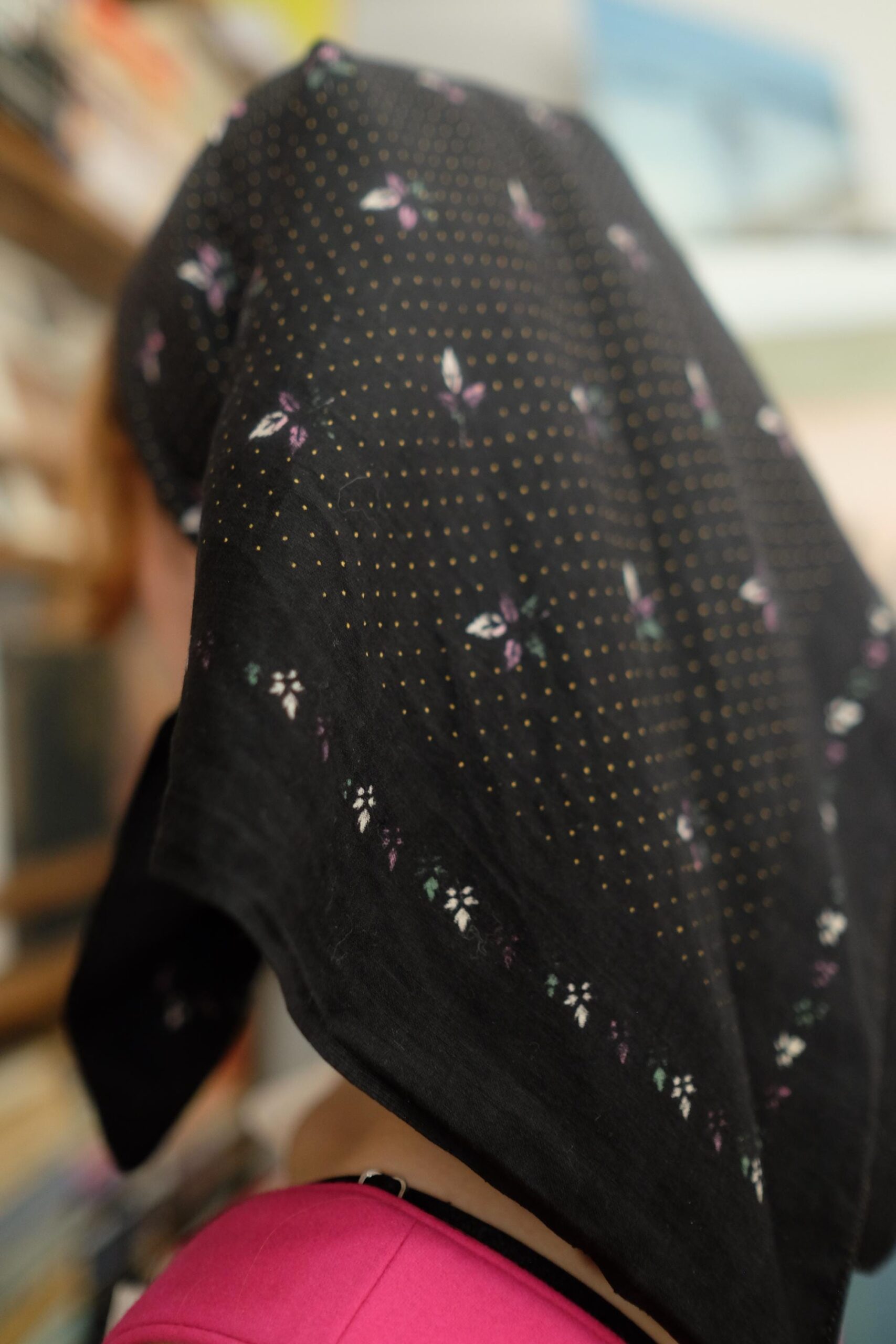Vintage Black Headscarf with Dots and Leaf Details - Image 8