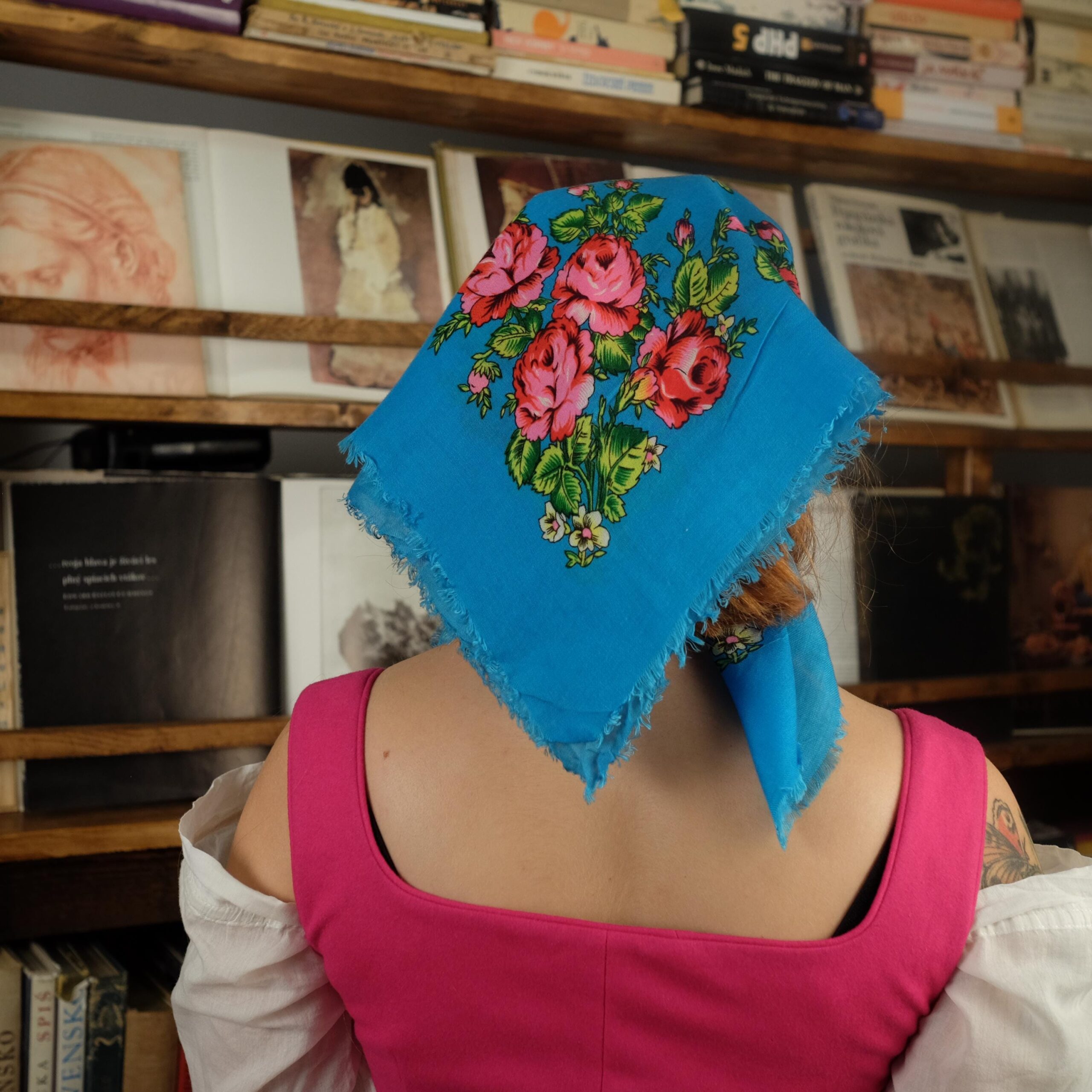Antique Blue Slavic Folk Headscarf with Pink Floral Pattern - Image 8