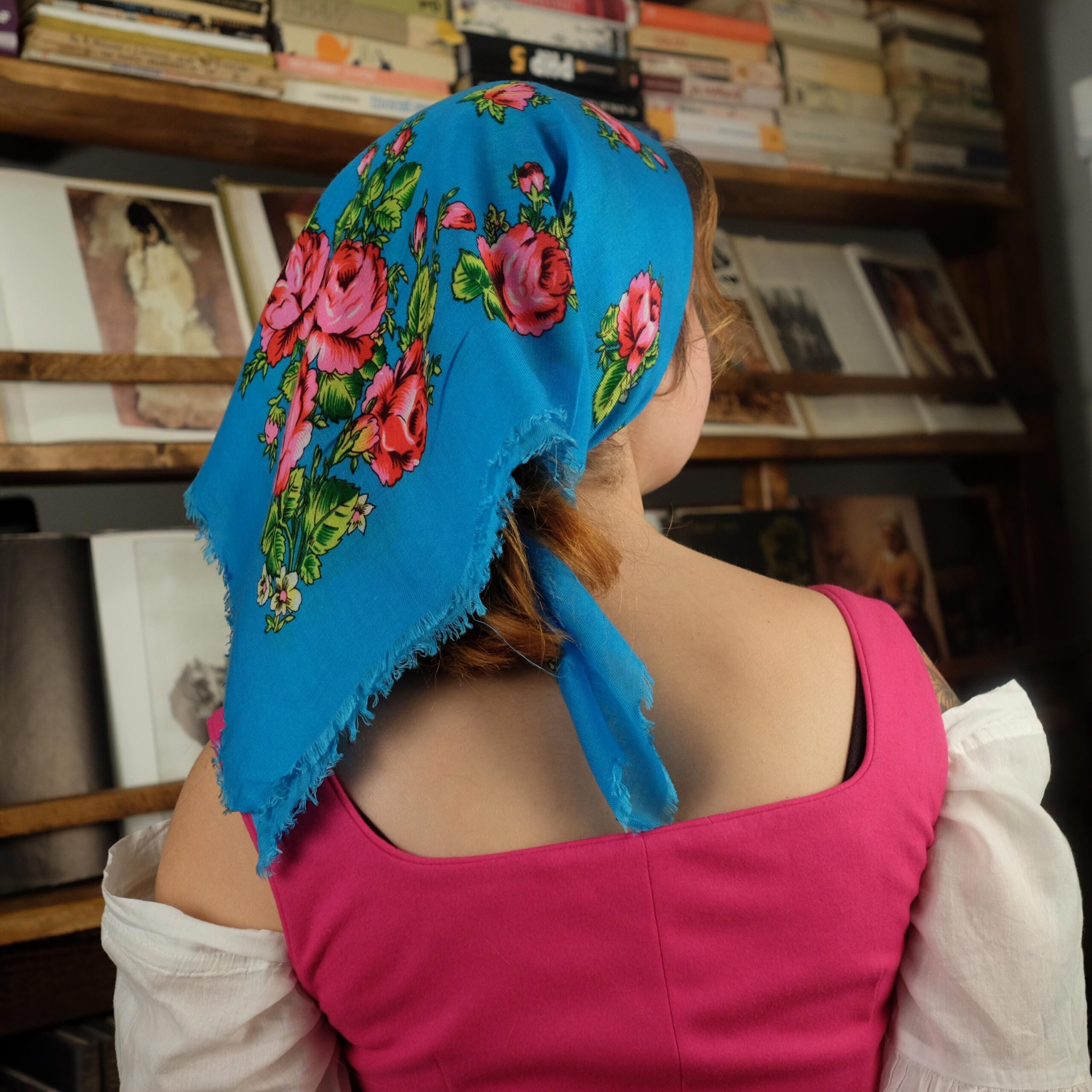 Antique Blue Slavic Folk Headscarf with Pink Floral Pattern - Image 9