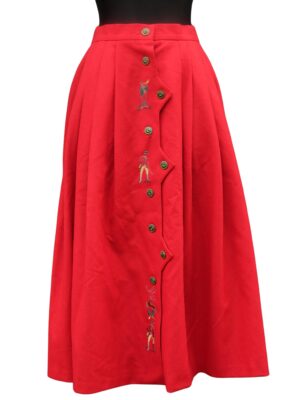 Red Vintage Tyrolean Midi Skirt with Forestry Motifs - Cottagecore fashion essentials