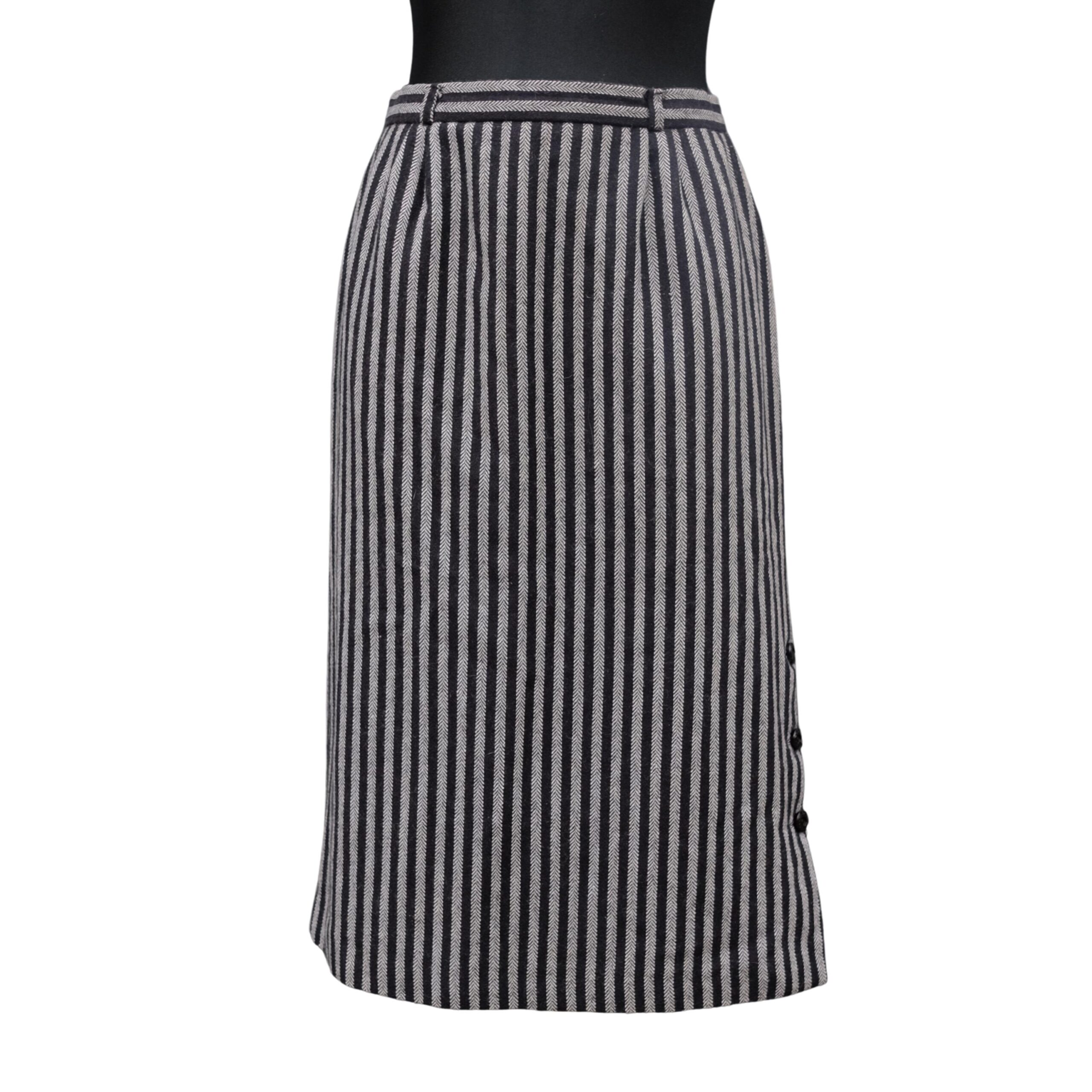 Vintage Black Grey/ Striped Wool Blend Pencil Skirt - Affordable elegance for business women