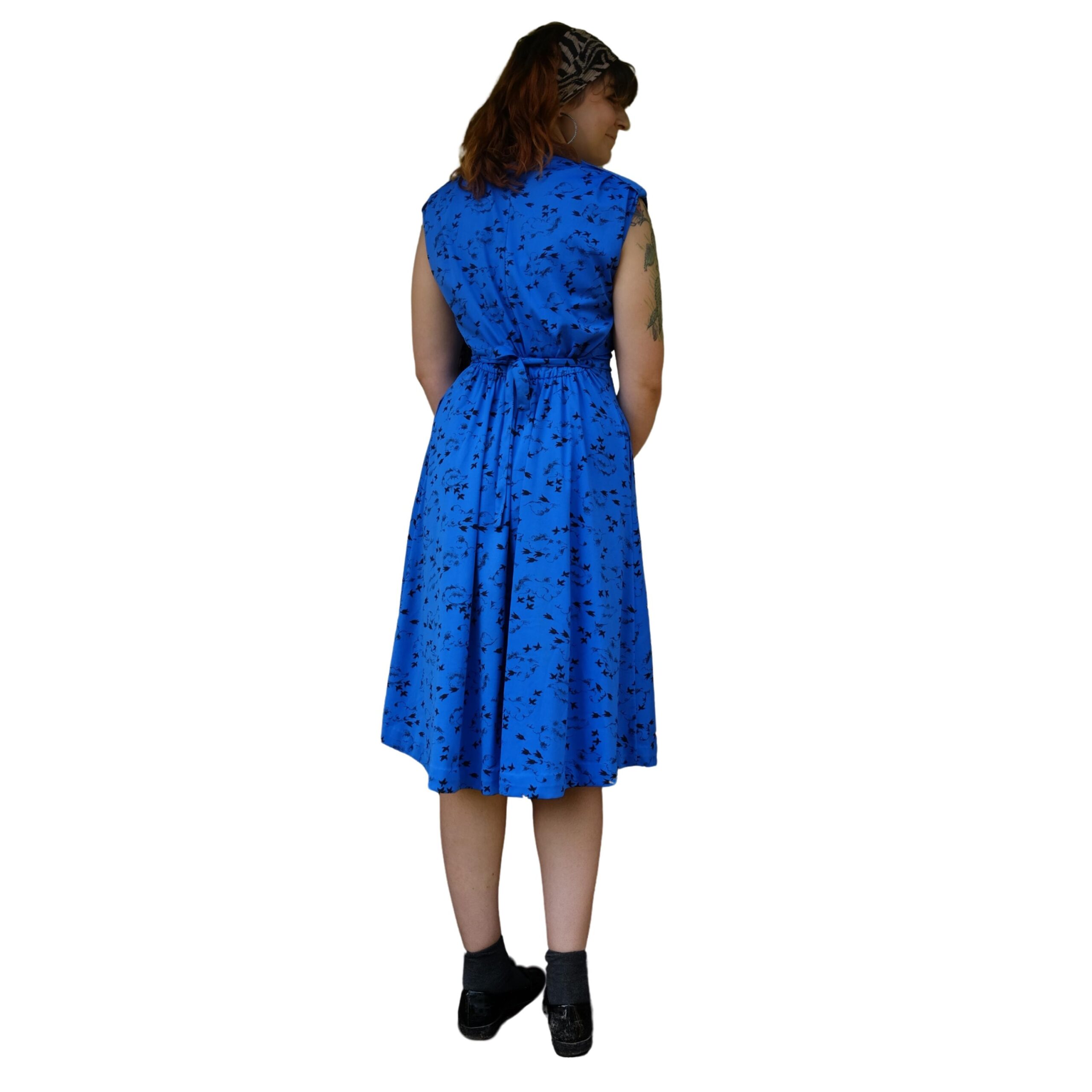 Vintage Blue A-Line 80s Dress with Birds Pattern - Image 7
