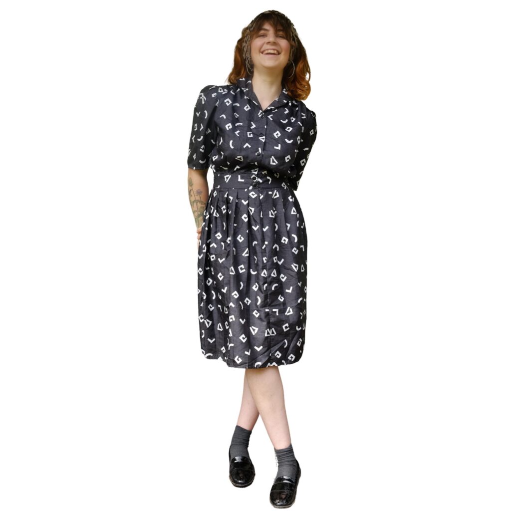 Vintage Black 80s Dress with Geometrics White Design