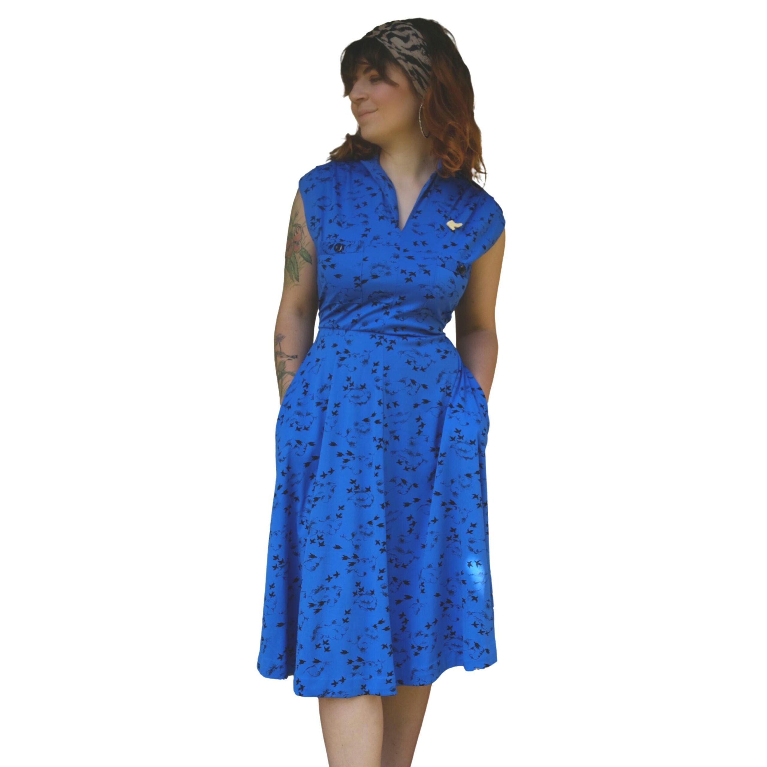 Vintage Blue A-Line 80s Dress with Birds Pattern