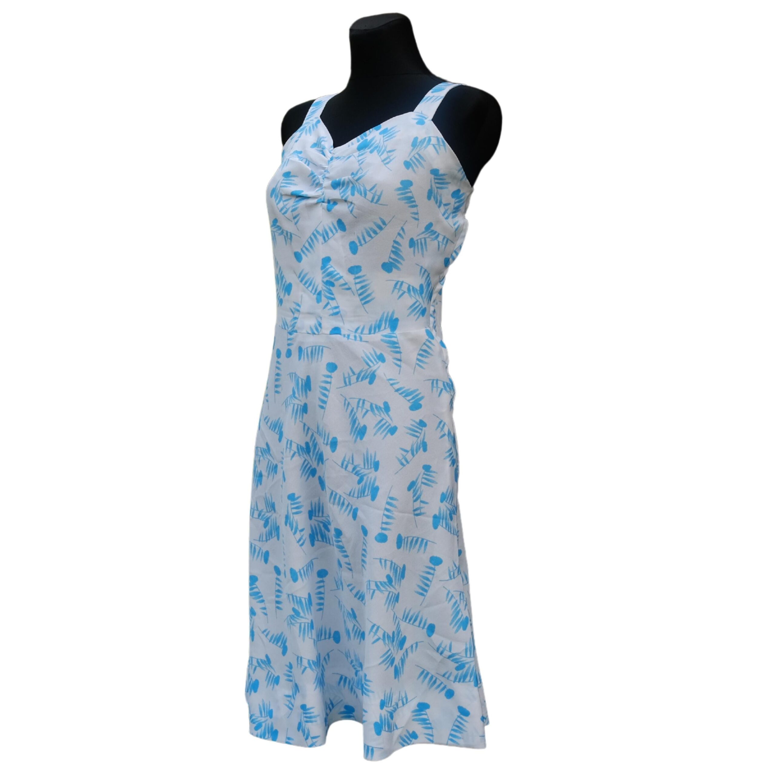 Vintage White Summer Dress with Blue Abstract Pattern - Image 2
