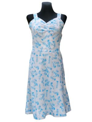 Vintage White Summer Dress with Blue Abstract Pattern