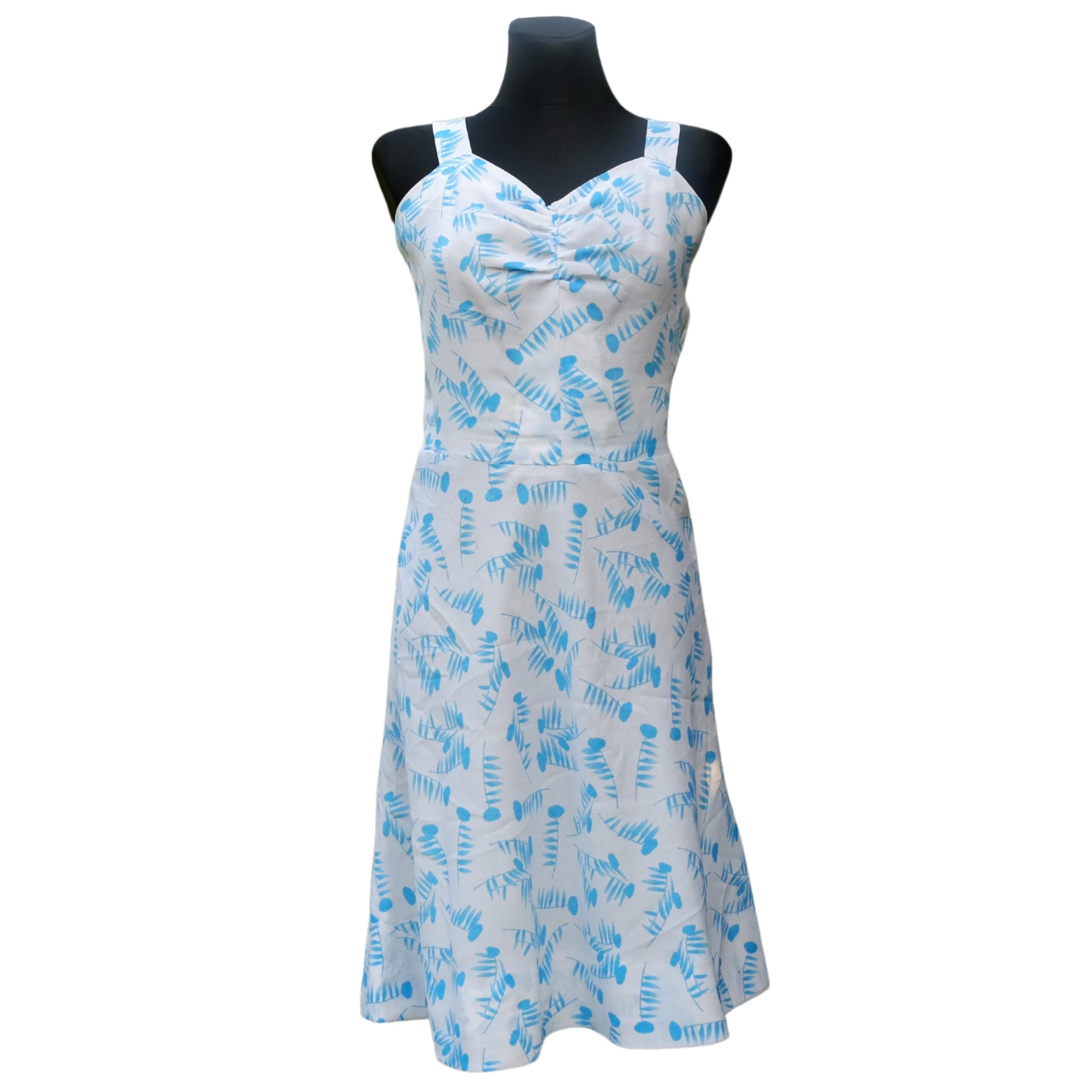 Vintage White Summer Dress with Blue Abstract Pattern
