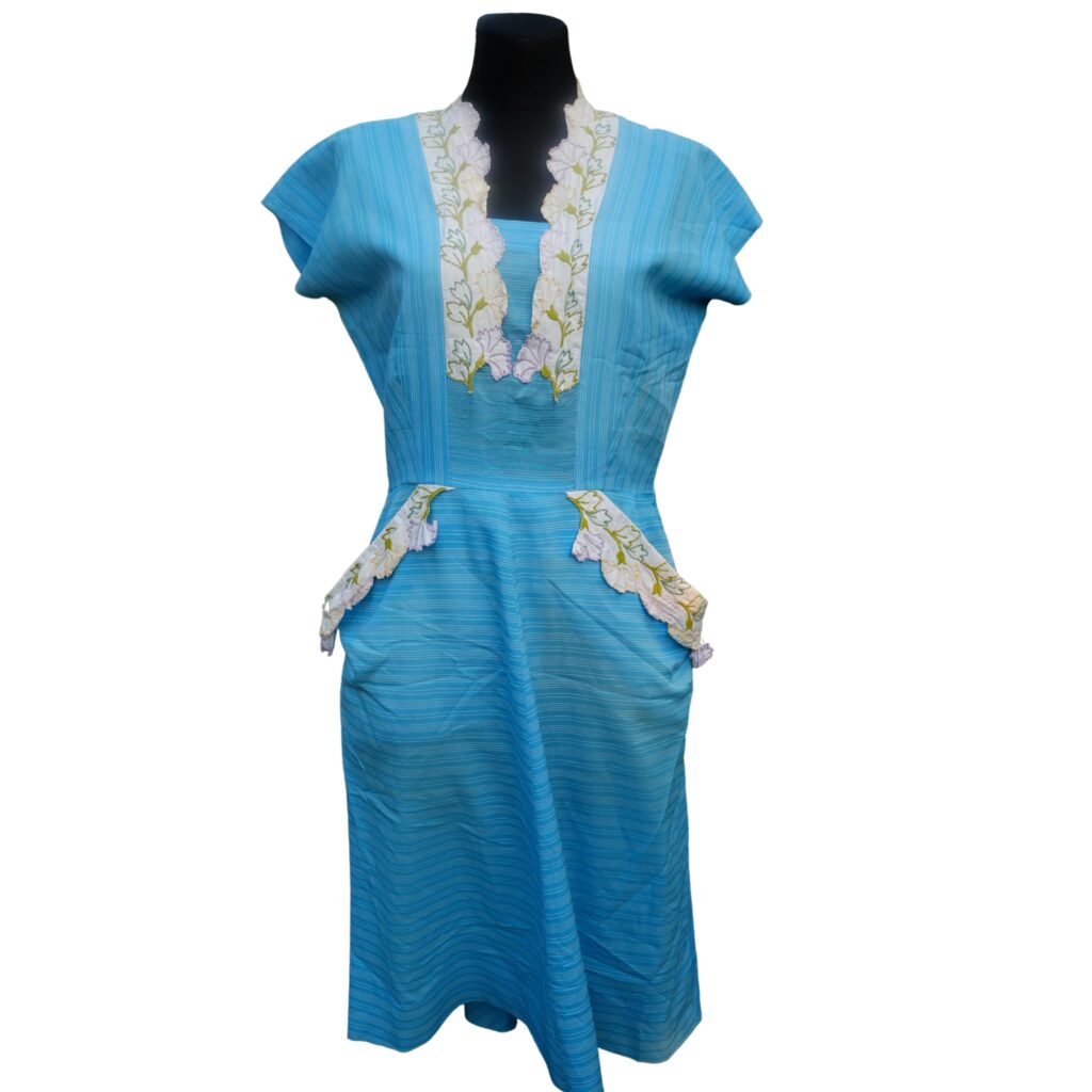 Vintage Pastel Blue Sundress with Flower Embroidery