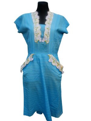 Vintage Pastel Blue Sundress with Flower Embroidery