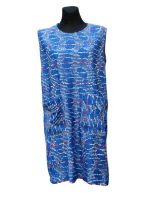 Vintage 80s Blue Summer Dress with White and Red Pattern