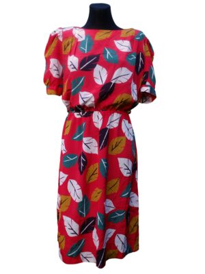 Vintage 80s Red Summer Dress with Colorful Leaf Pattern, Crazy and Elegant Short Sleeve Flowy Dress