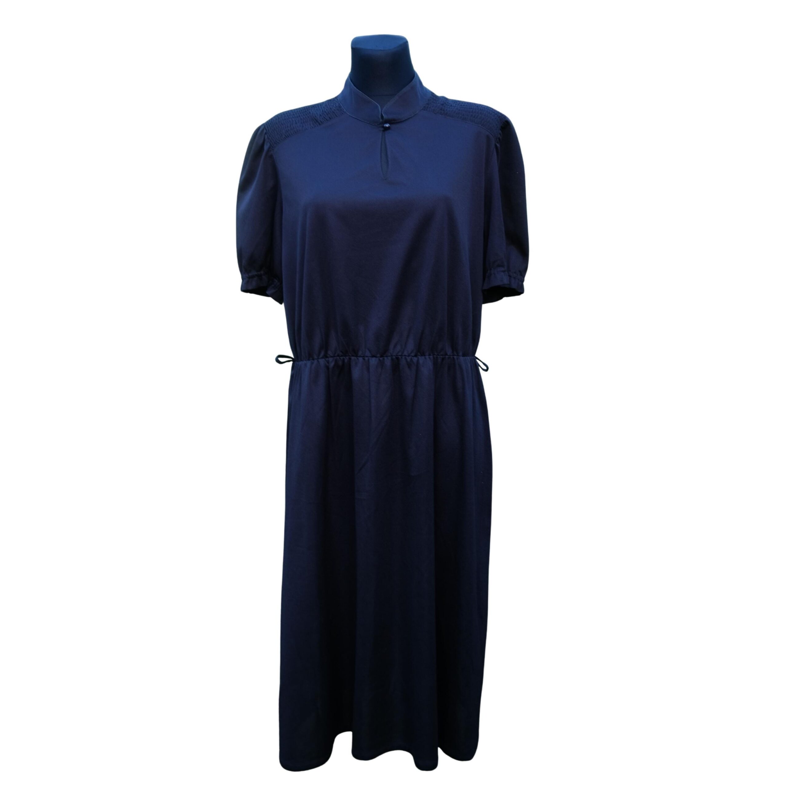 Vintage 80s Elegant Black Dress, Collared Neck, Fitted Elastic Waistline - Image 2