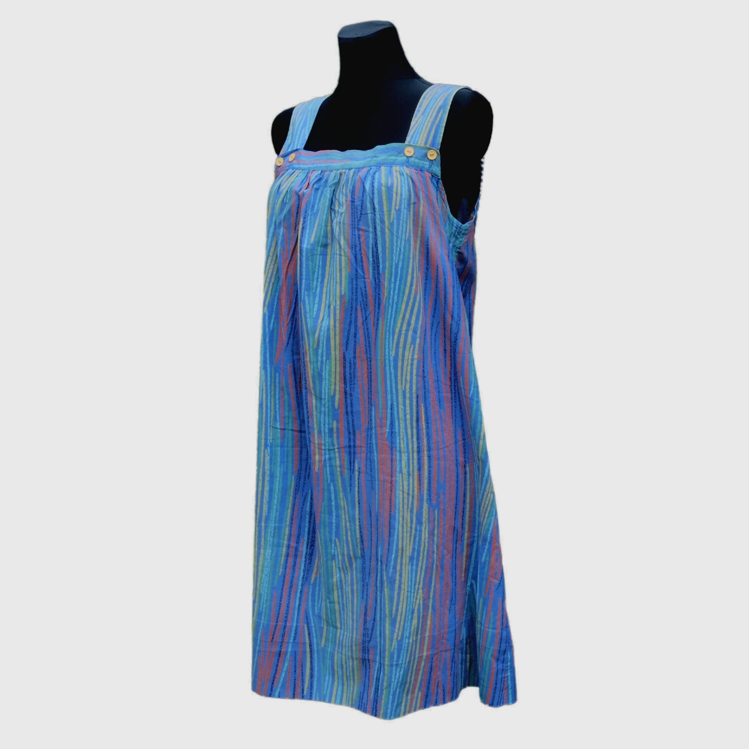 Vintage Blue Summer Dress with Colorful Strips