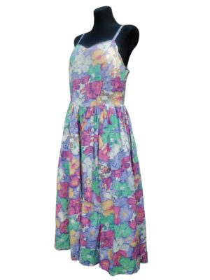 Vintage 80s Pastel Sleeveless Summer Dress, Colorful Floral Design Boho Flow