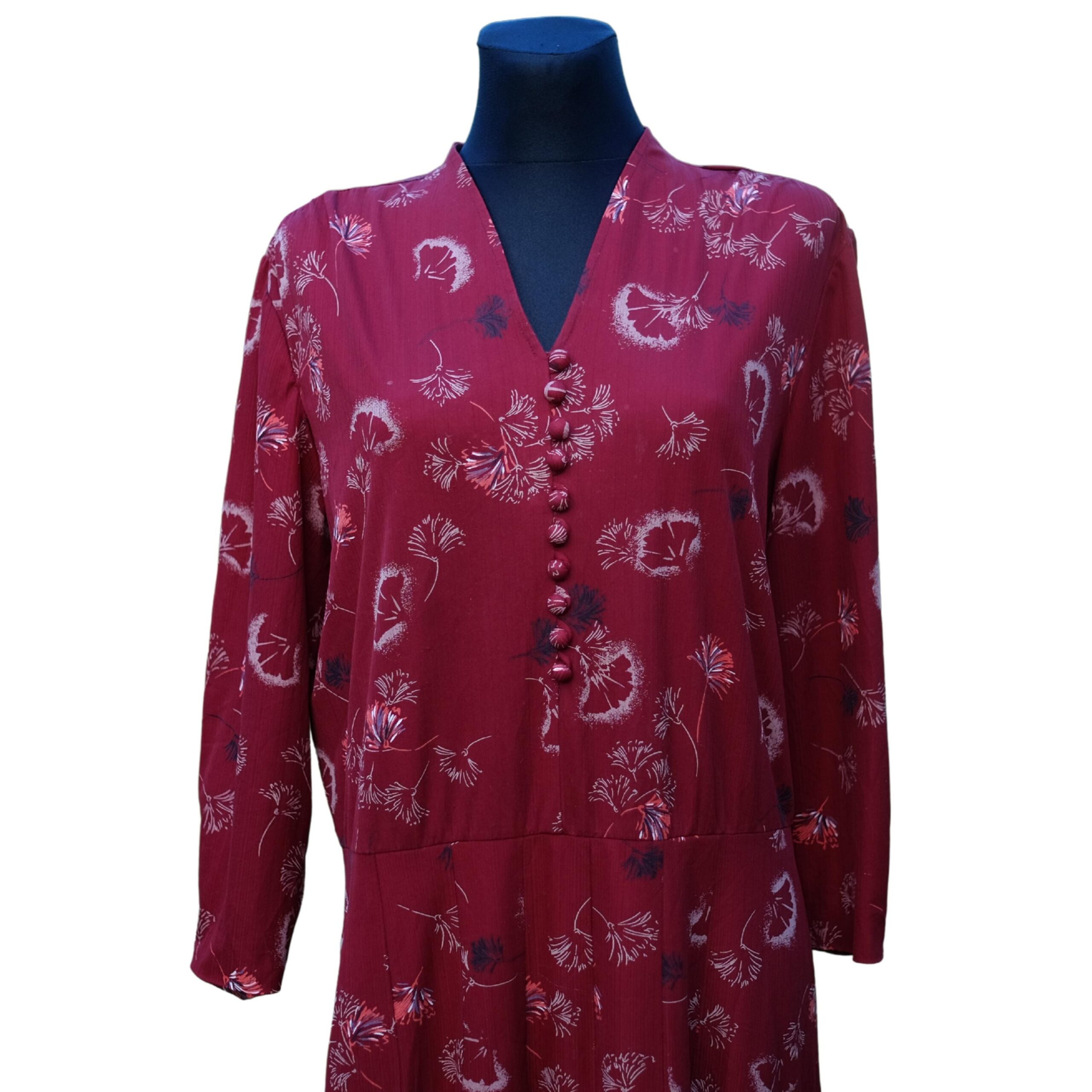 Vintage Long Sleeve 80s Burgundy Festive Dress with Elegant Floral Pattern and Matching Button Up Front Plus Size - True Vintage Treasures Vintage Long Sleeve 80s Burgundy Festive Dress with Elegant Floral Pattern and Matching Button Up Front Plus Size - True Vintage Treasures
