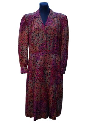 Vintage 80s Long Sleeve Dress, Collared V-Neck, Eccentric Retro Pattern, Warm Pastel Colors