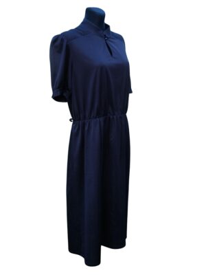 Vintage 80s Elegant Black Dress, Collared Neck, Fitted Elastic Waistline