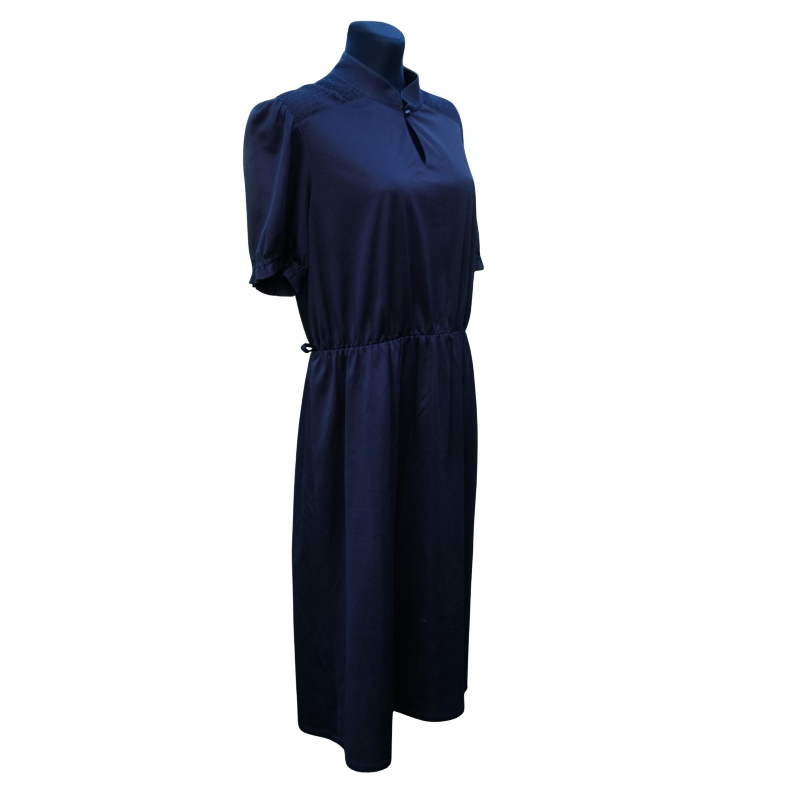 Vintage 80s Elegant Black Dress, Collared Neck, Fitted Elastic Waistline