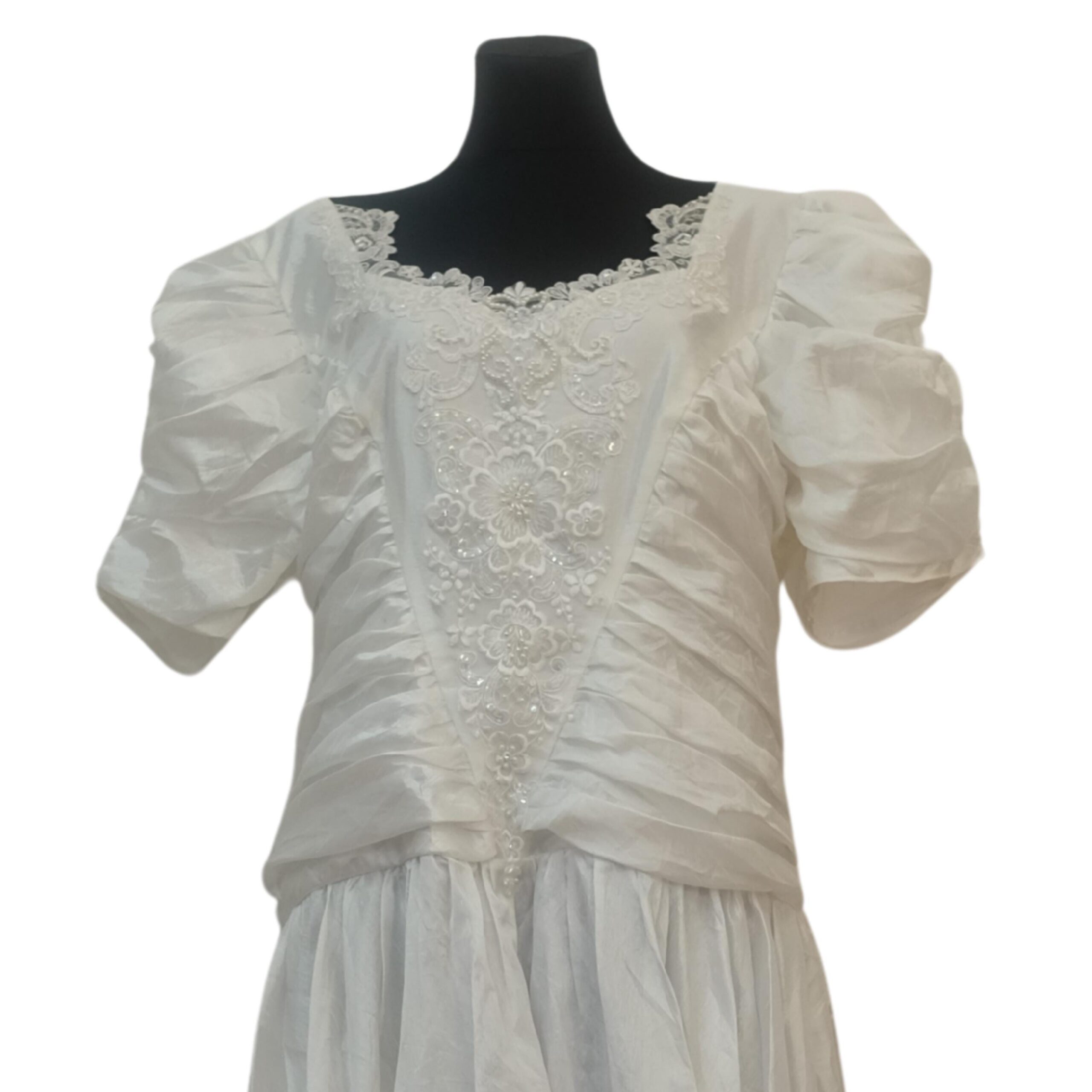 Vintage 80s Princess Wedding Dress XXL, with Puffed Sleeves and Floral Laced Bustier - Image 8
