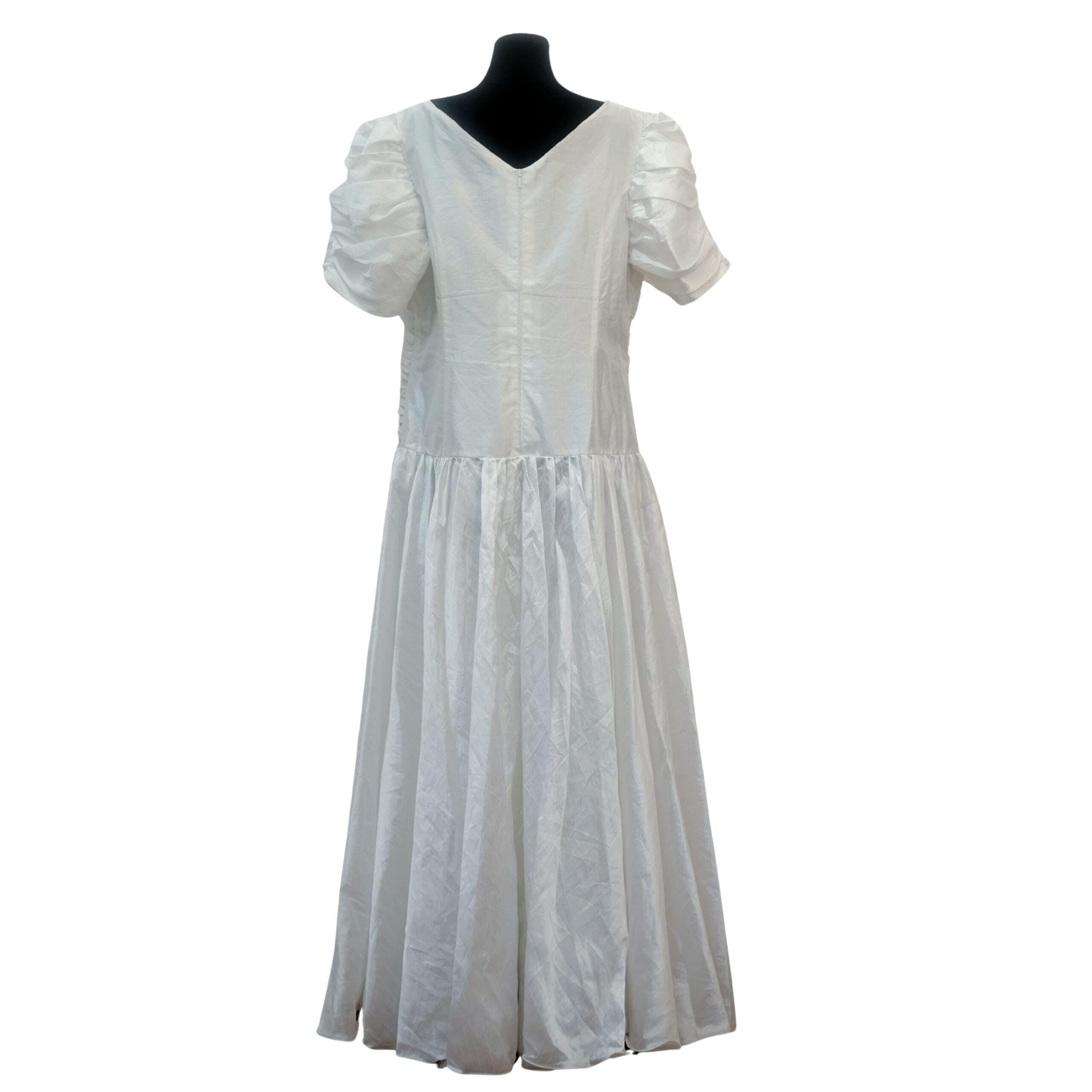 Vintage 80s Princess Wedding Dress XXL, with Puffed Sleeves and Floral Laced Bustier - Image 2