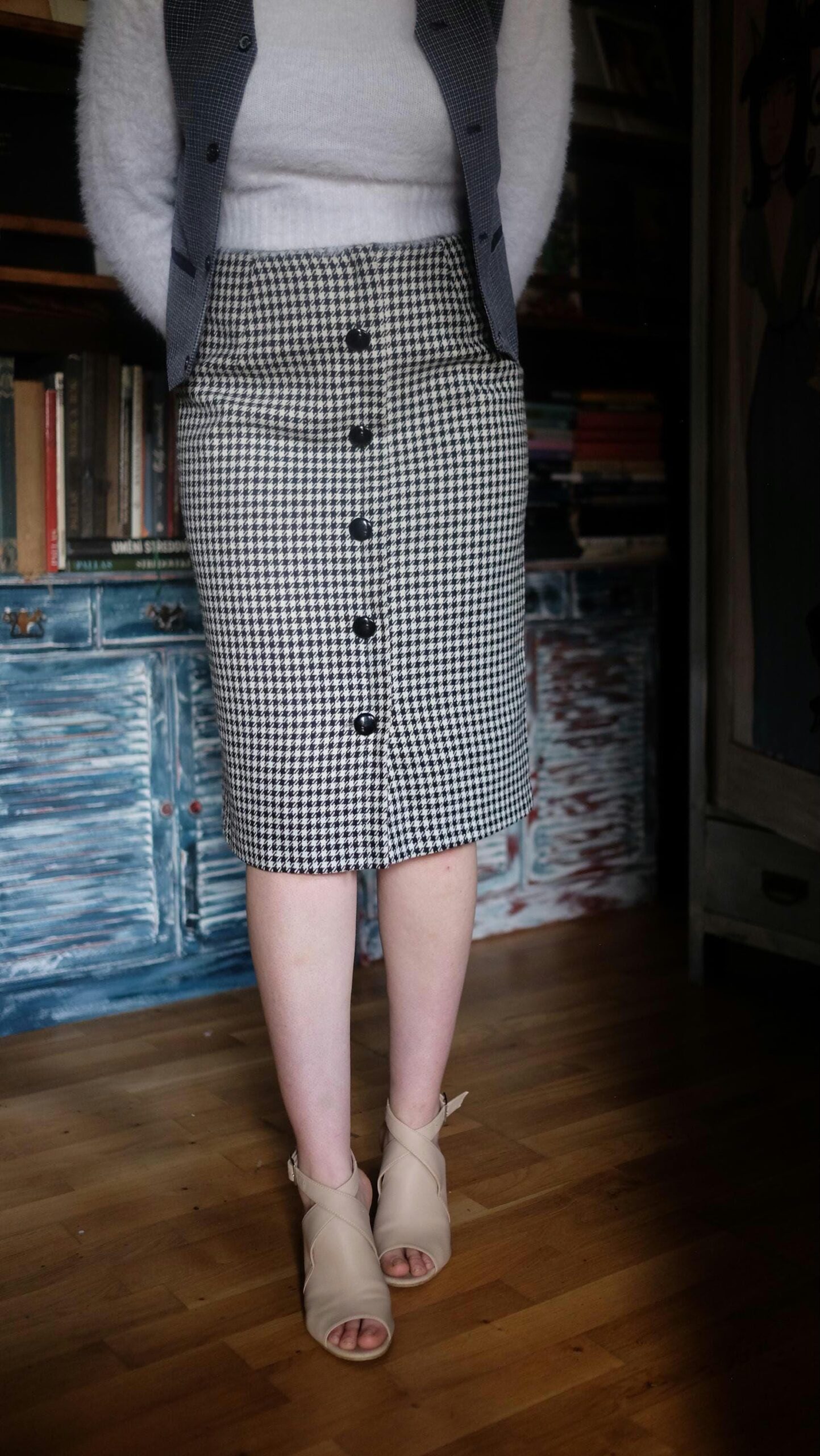 Vintage Houndstooth Long Pencil Skirt