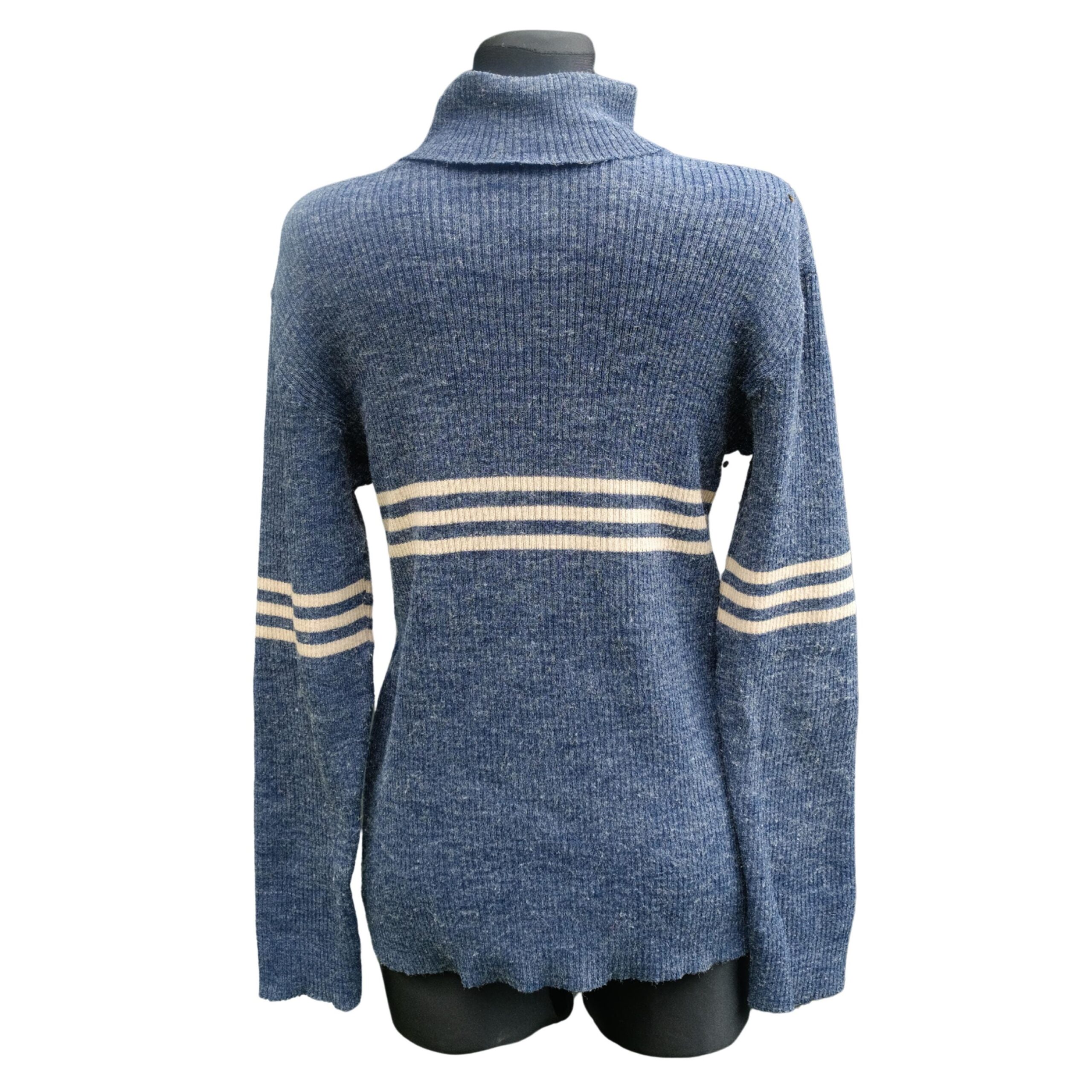 Vintage Glimmery Blue Turtle Neck Jumper with With Strips - Image 2