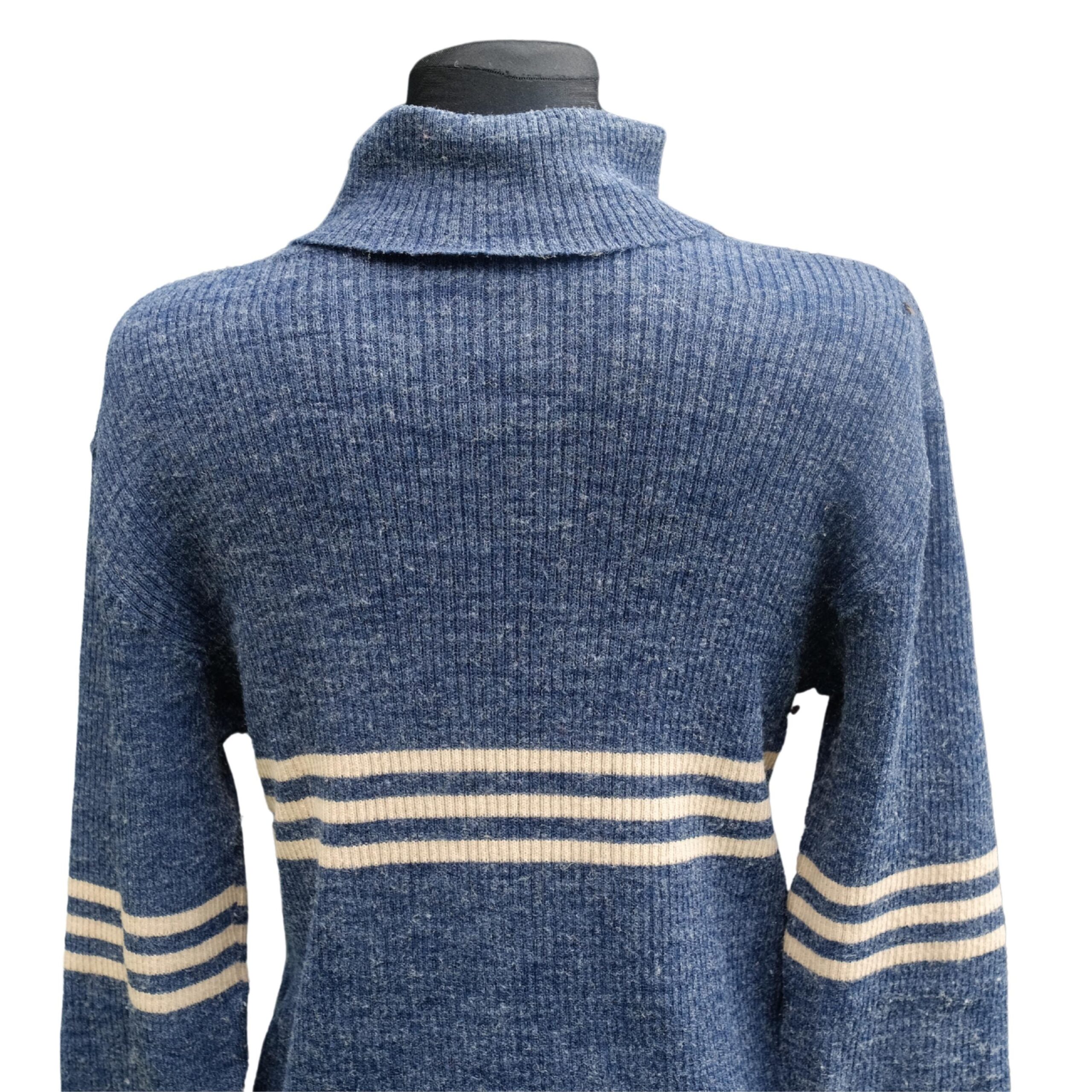 Vintage Glimmery Blue Turtle Neck Jumper with With Strips - Image 5