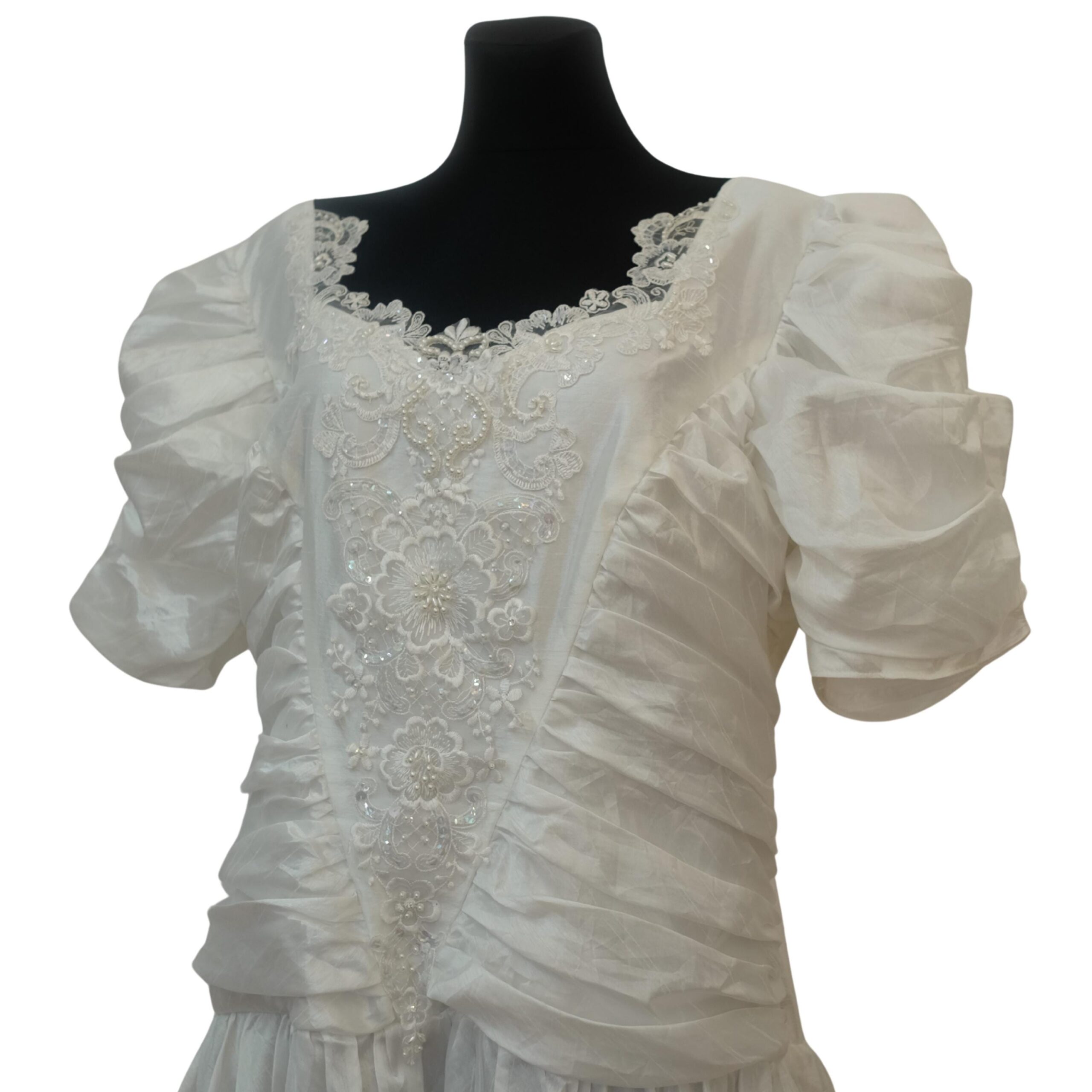Vintage 80s Princess Wedding Dress XXL, with Puffed Sleeves and Floral Laced Bustier - Image 5