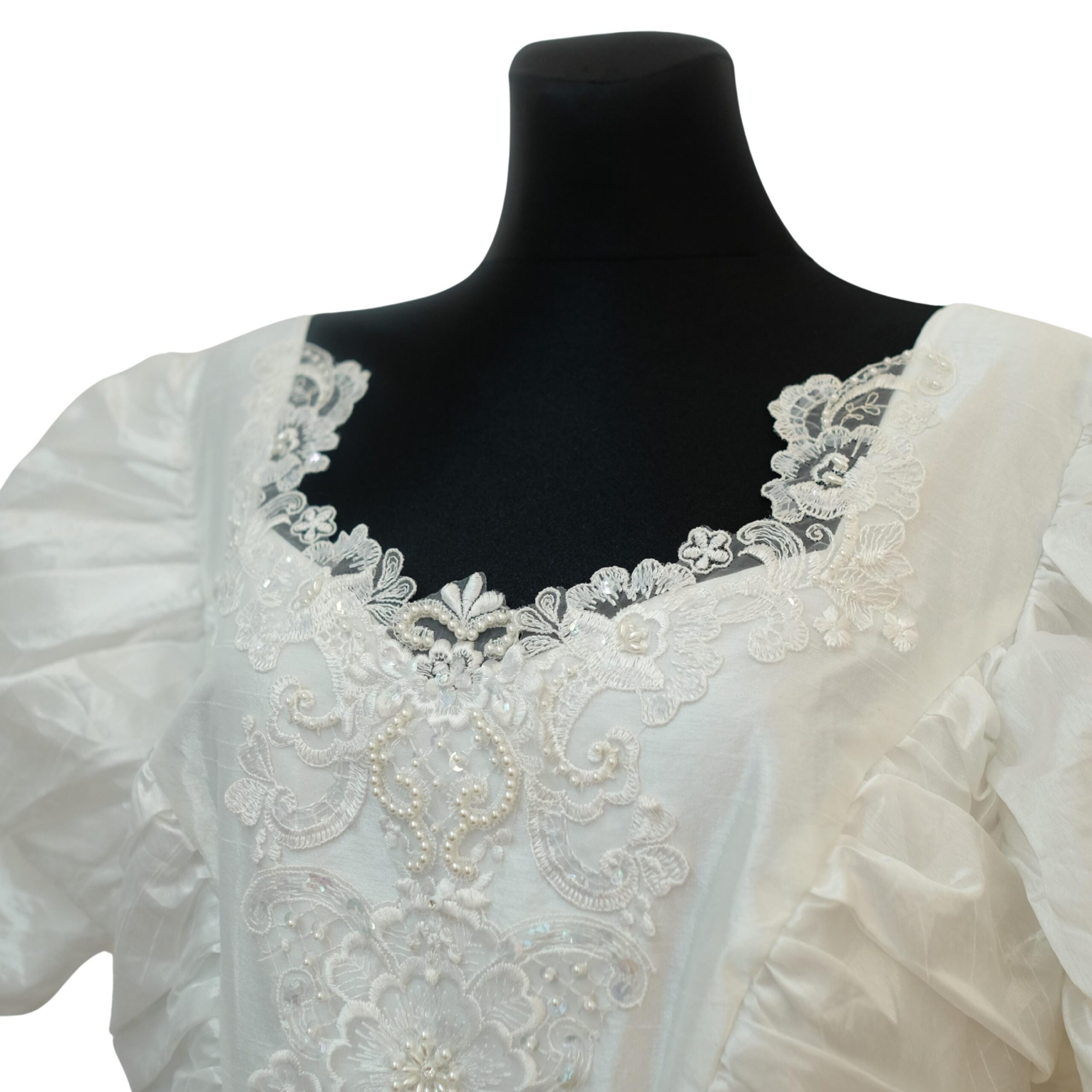 Vintage 80s Princess Wedding Dress XXL, with Puffed Sleeves and Floral Laced Bustier - Image 3