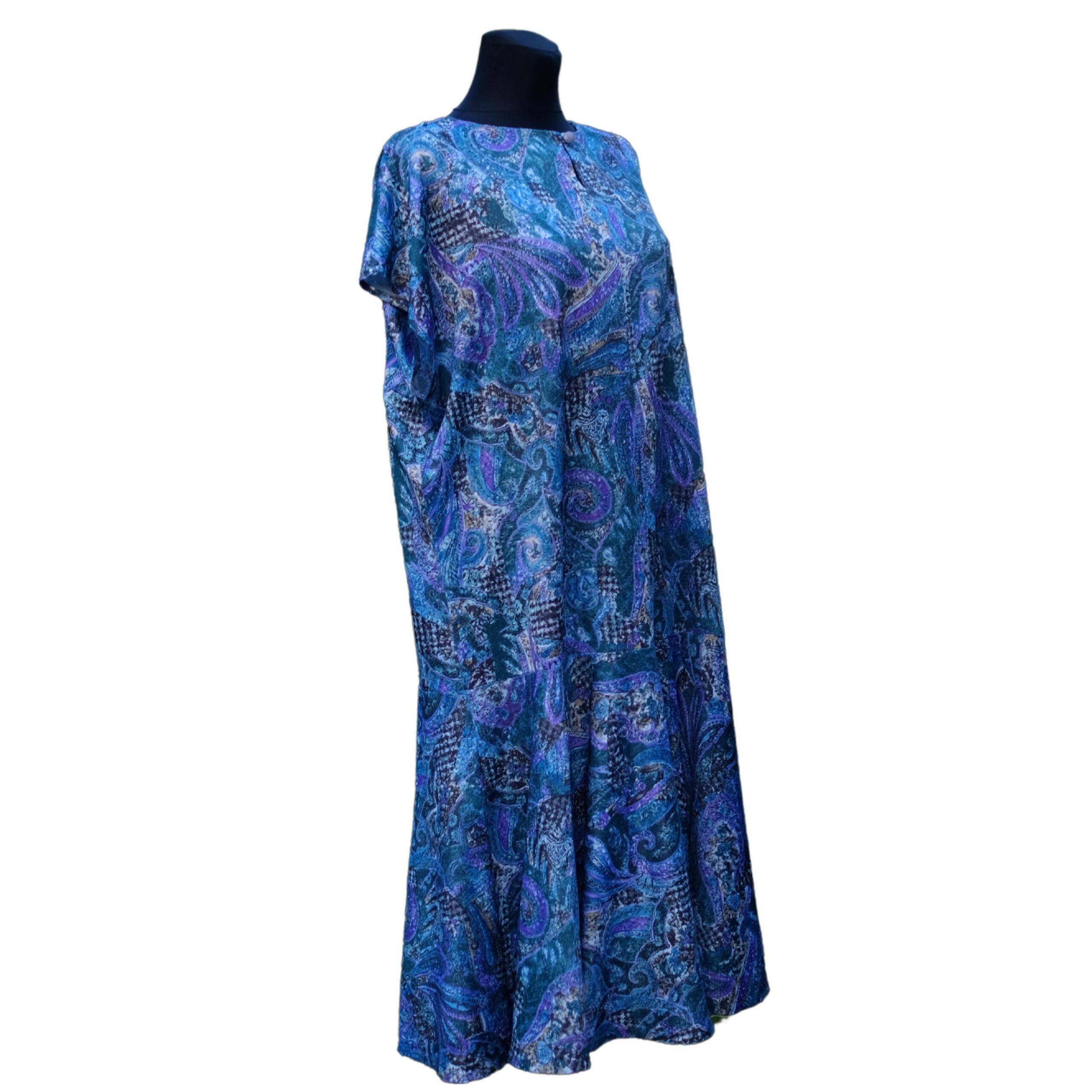 Vintage 80s Blue Boho Summer Dress, Intricate Abstract Pattern - Image 2