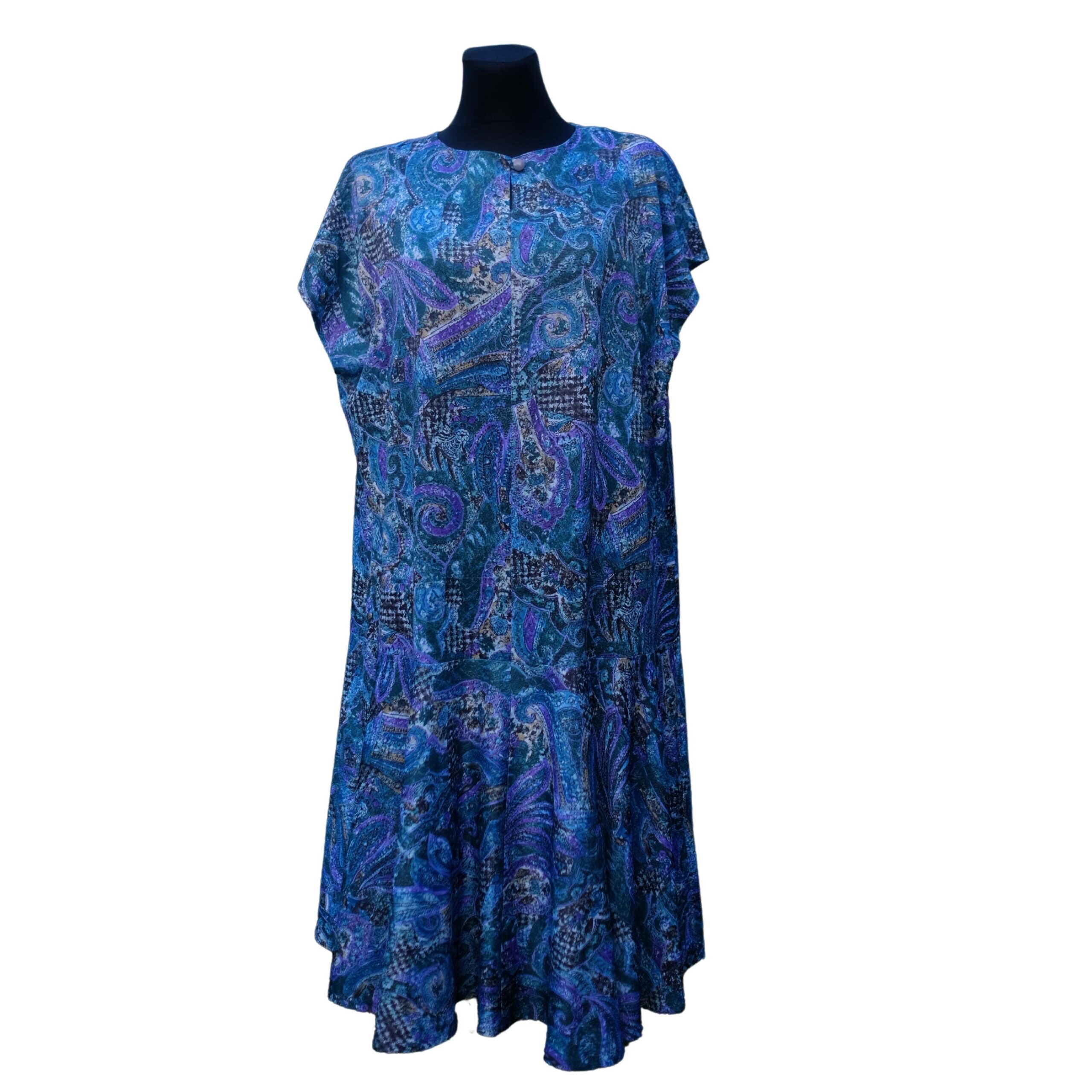 Vintage 80s Blue Boho Summer Dress, Intricate Abstract Pattern