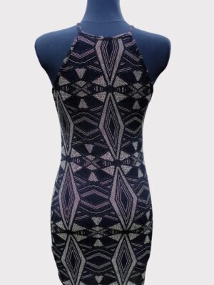Vintage Geometric Design Blue Silver Sabrina Neckline Fitted Cocktail Dress