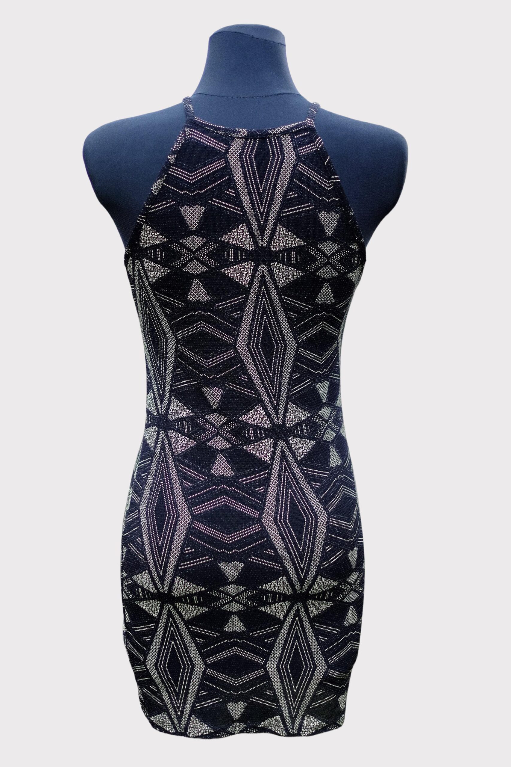 Vintage Geometric Design Blue Silver Sabrina Neckline Fitted Cocktail Dress