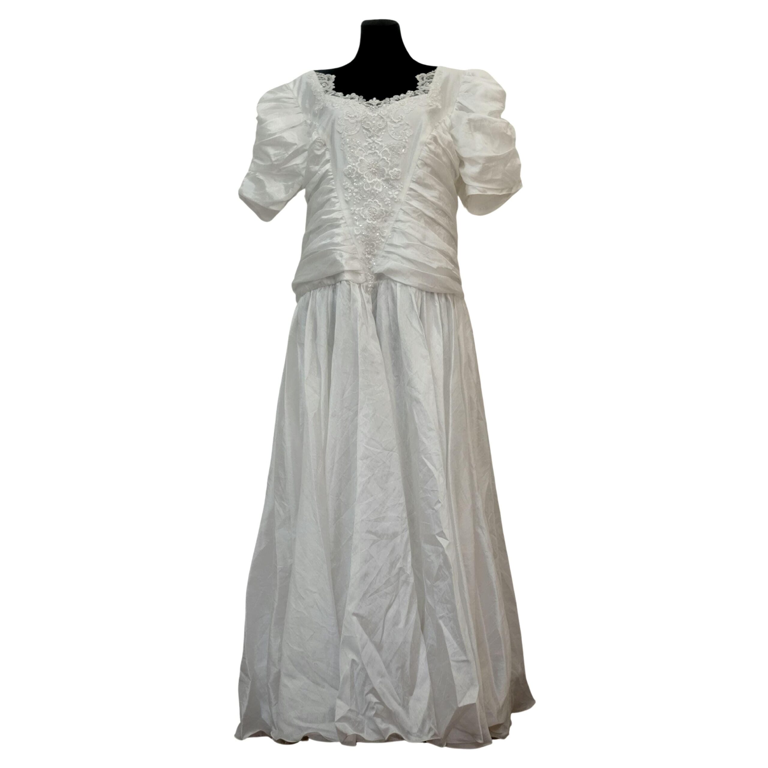 Vintage 80s Princess Wedding Dress XXL, with Puffed Sleeves and Floral Laced Bustier