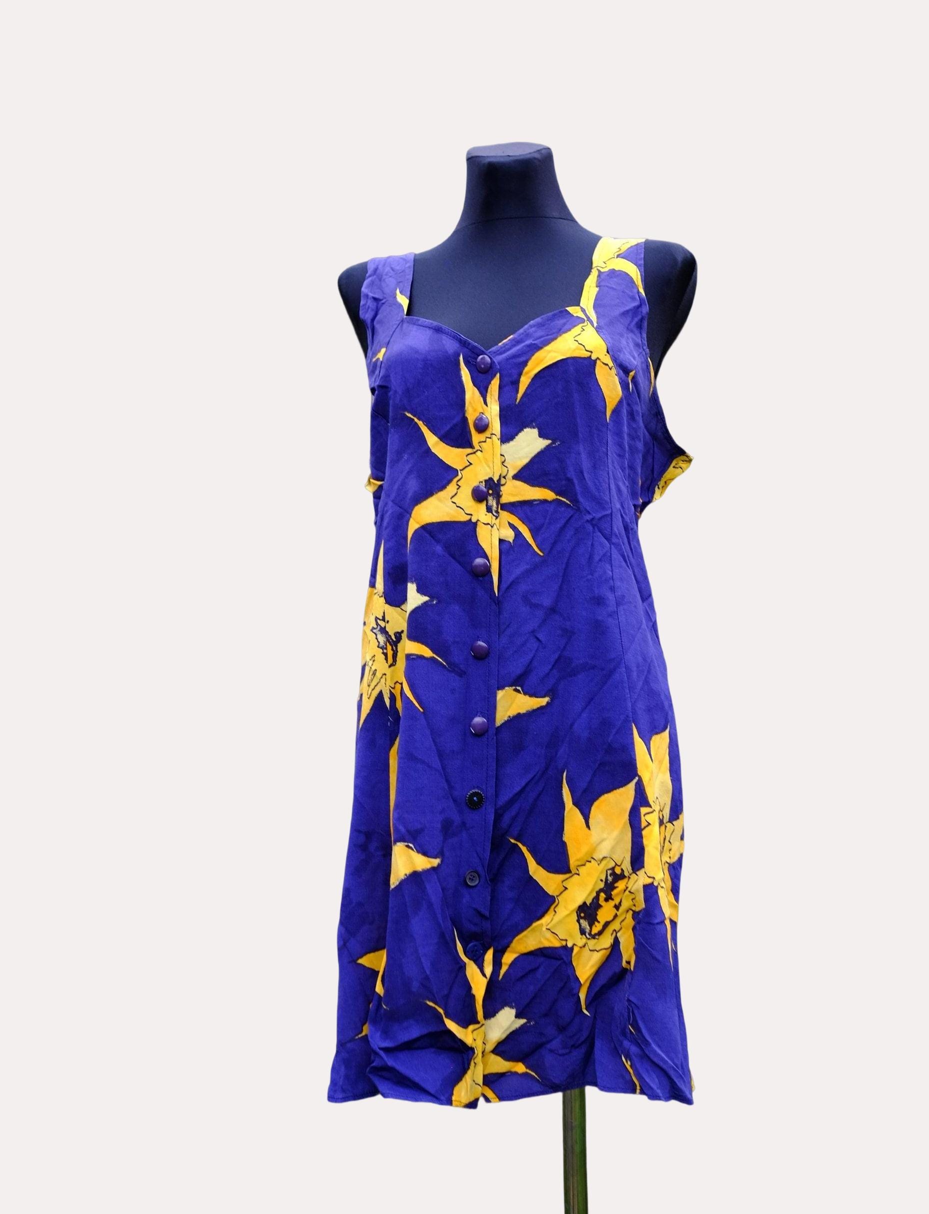 Vintage Dark Blue Yellow Floral Button Up Mini Dress