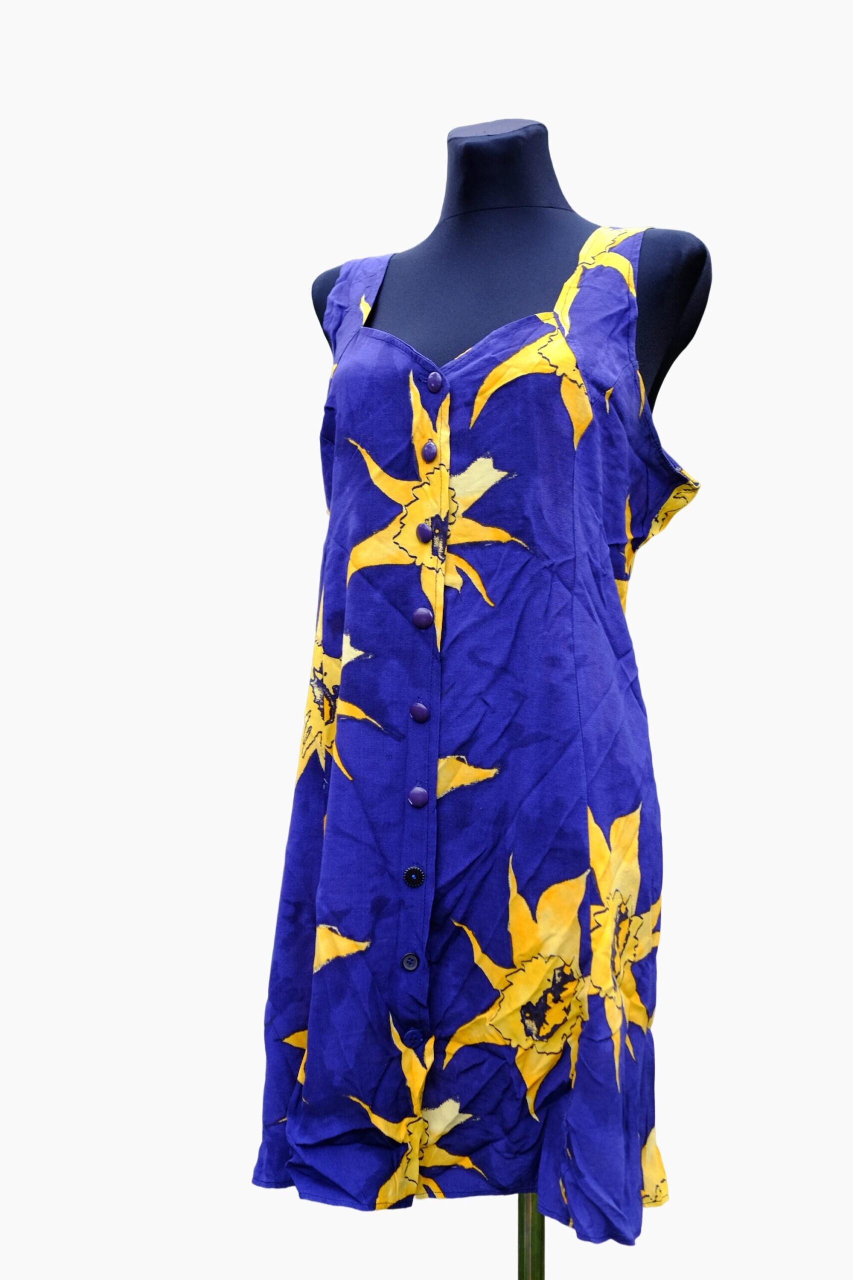 Vintage Dark Blue Yellow Floral Button Up Mini Dress - Image 7