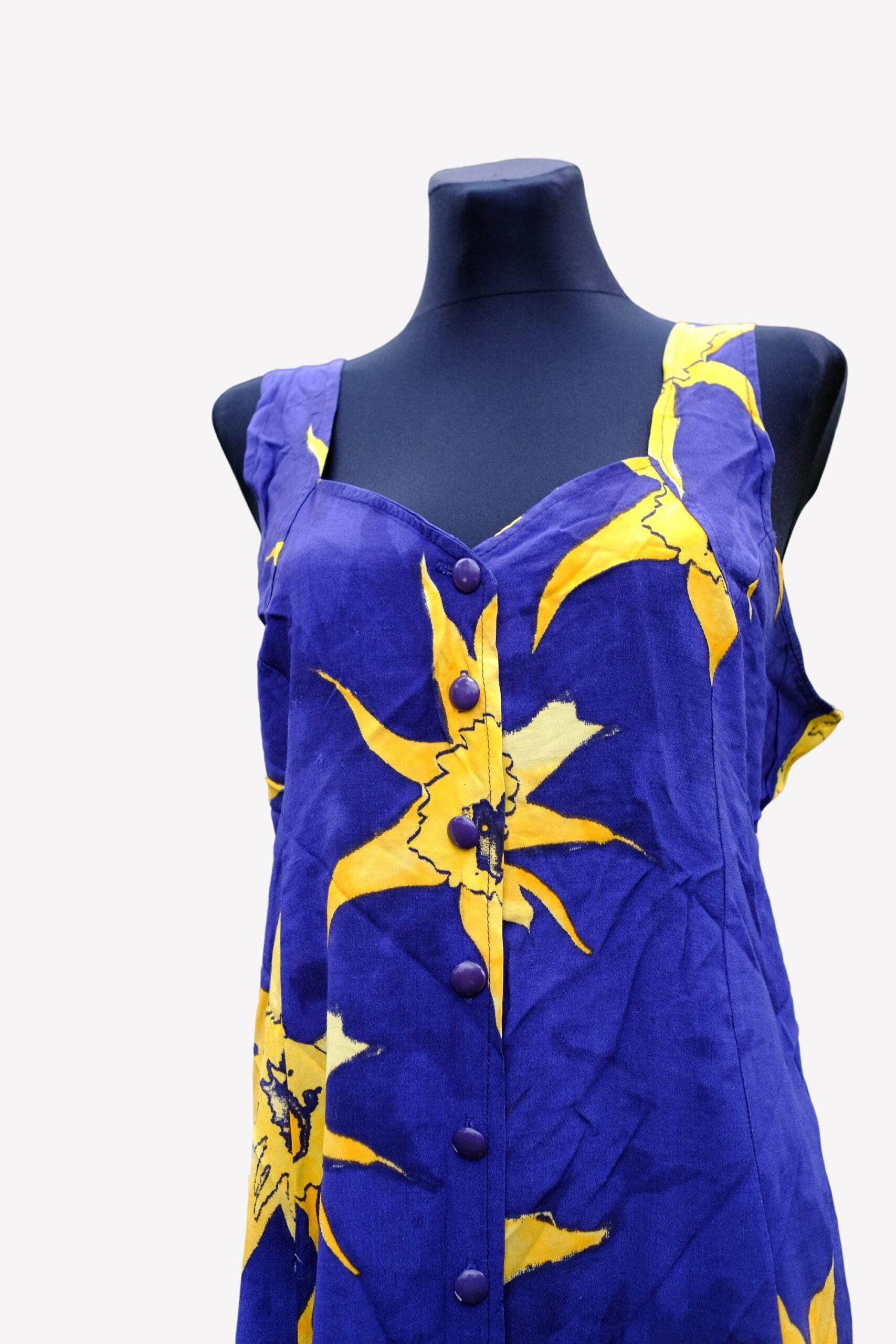 Vintage Dark Blue Yellow Floral Button Up Mini Dress - Image 8