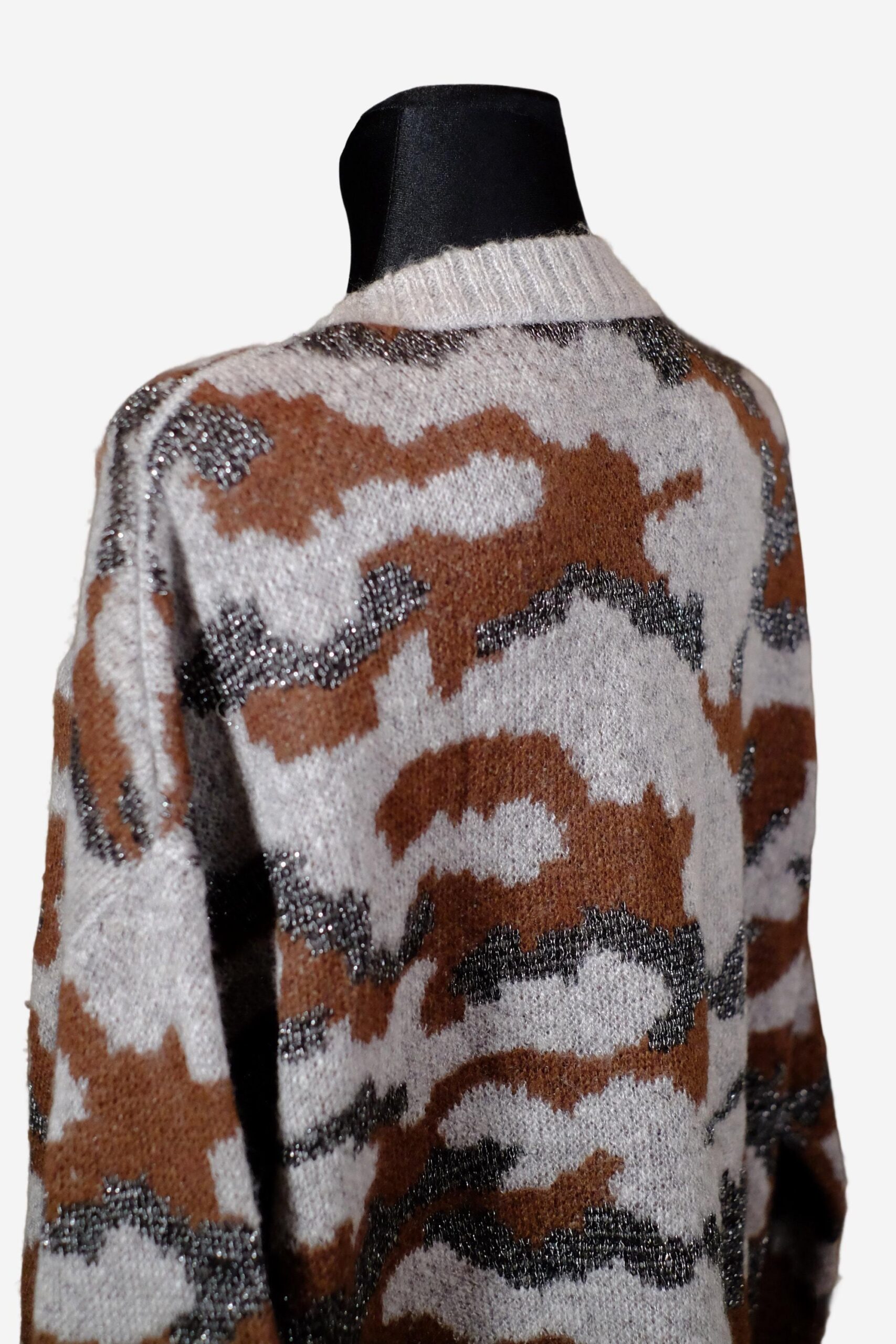 Vintage V-Neck Autumn Grey Brown White Silver Abstract Design Crochet Cardigan - Image 2