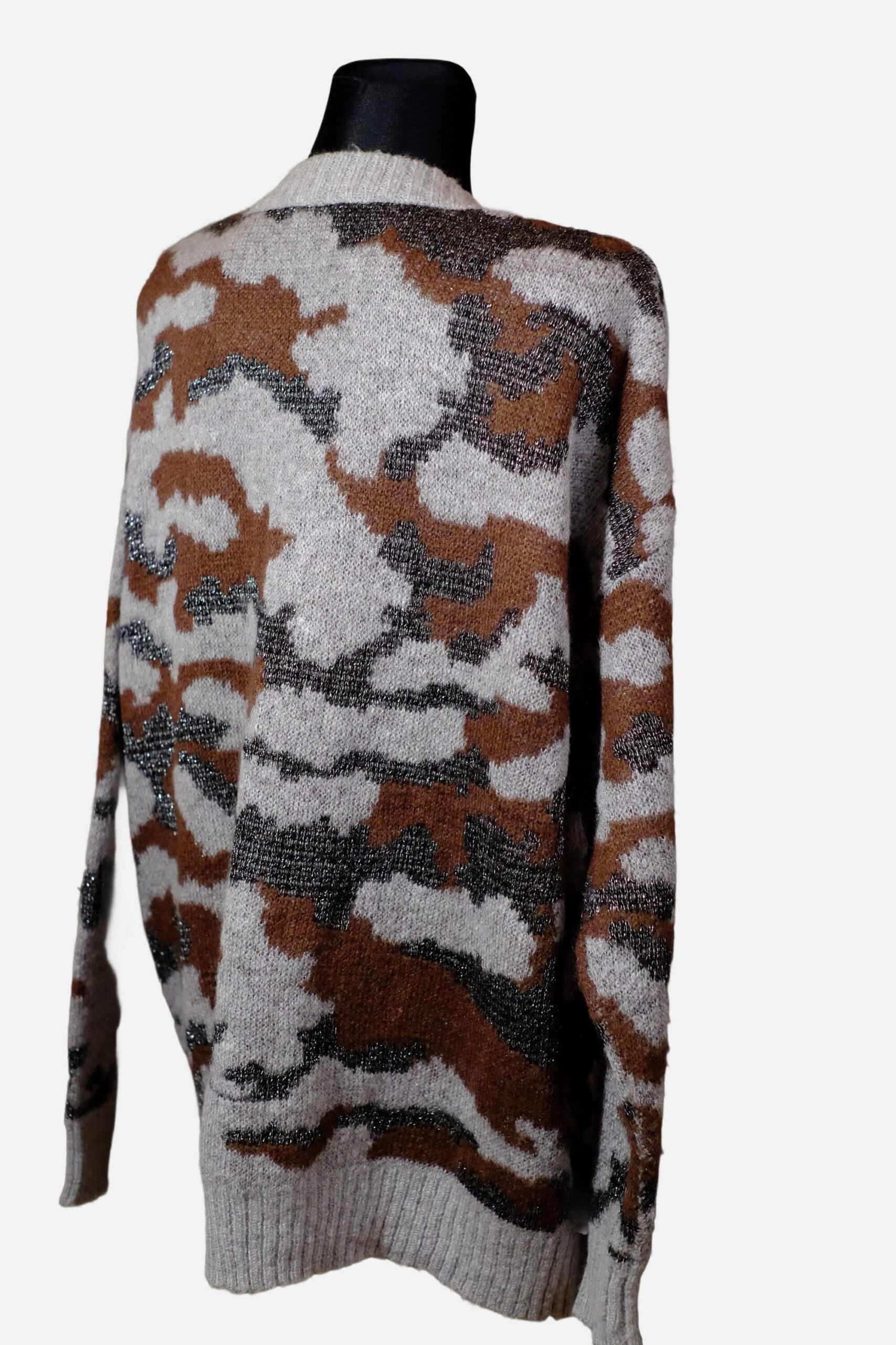 Vintage V-Neck Autumn Grey Brown White Silver Abstract Design Crochet Cardigan - Image 3
